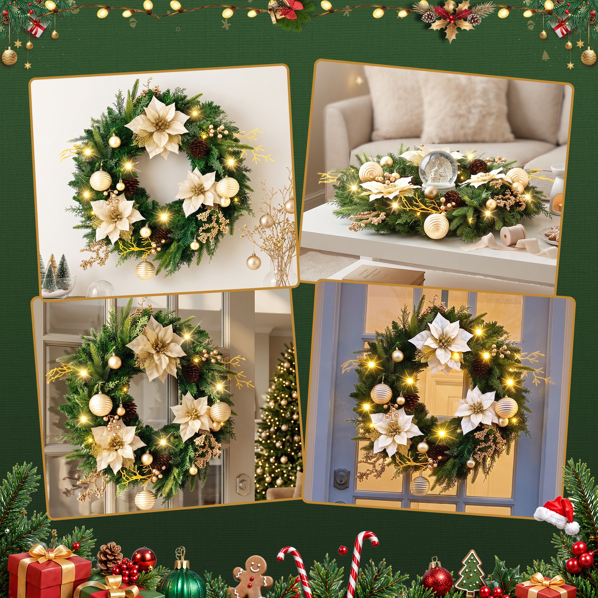 Jingle Jollys 60cm Pre-Lit Christmas Wreath LED Garlands Gold Flowers Pinecones Decor
