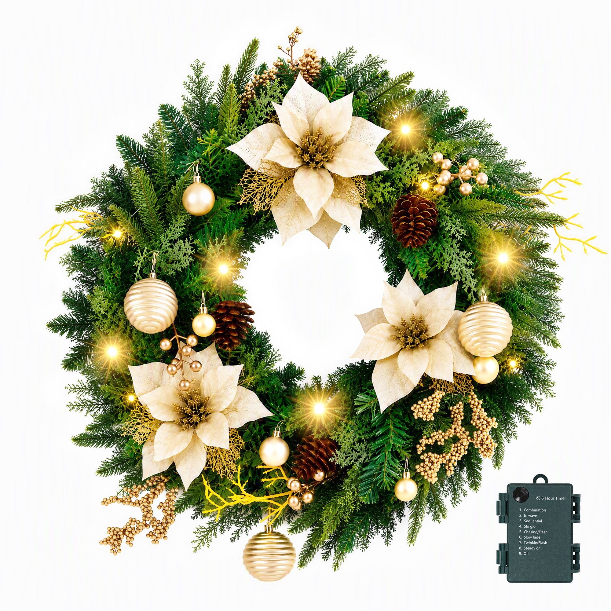 Jingle Jollys 60cm Pre-Lit Christmas Wreath LED Garlands Gold Flowers Pinecones Decor