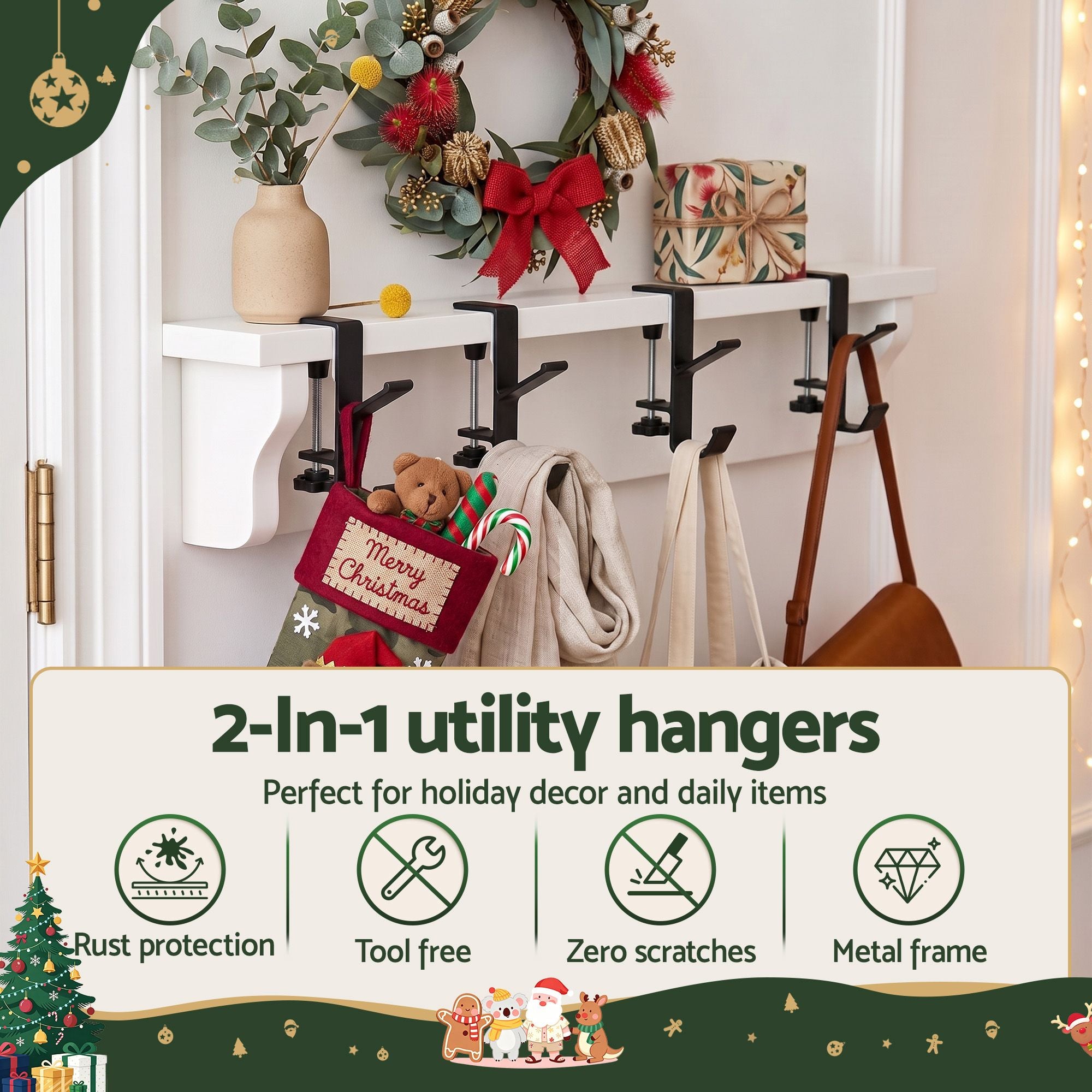 Jingle Jollys Christmas Garland Hangers X4 Stocking Hooks Wreath 2-In-1 No Drill