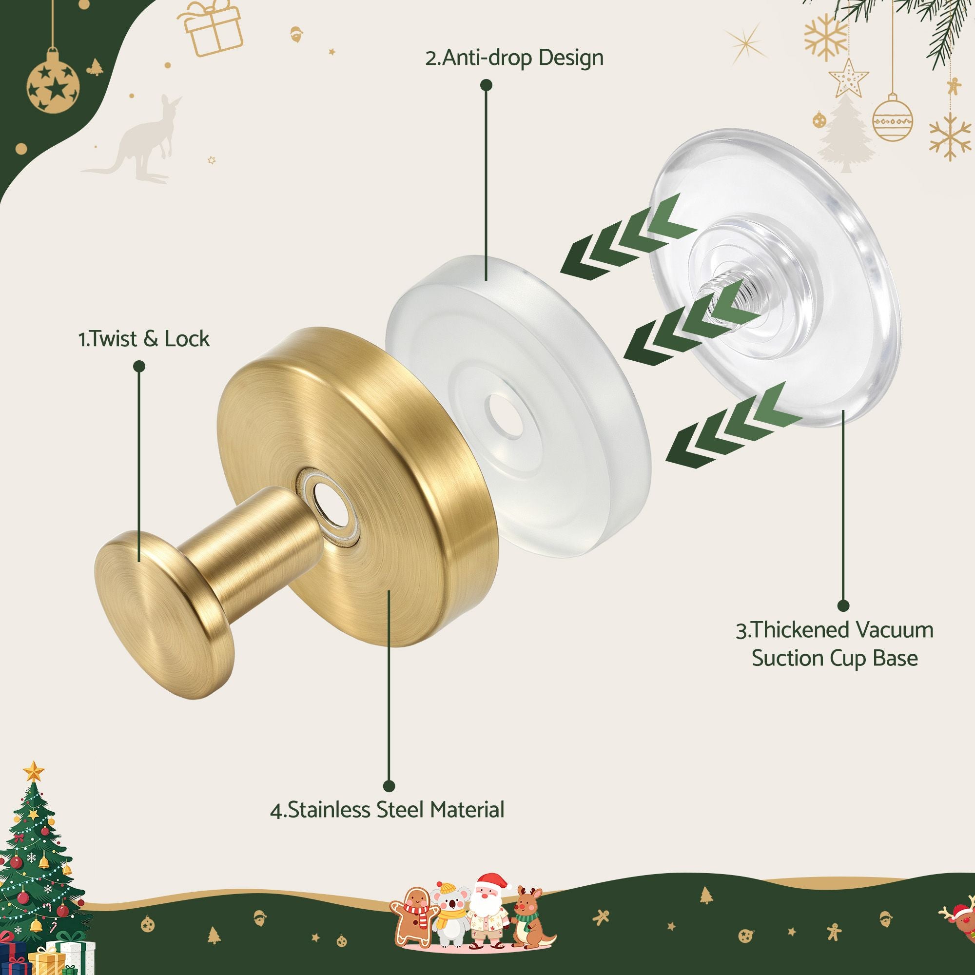 Jingle Jollys 2x Vacuum Suction Cup Christmas Wreath Hook Stainless Steel Heavy Duty 5kg