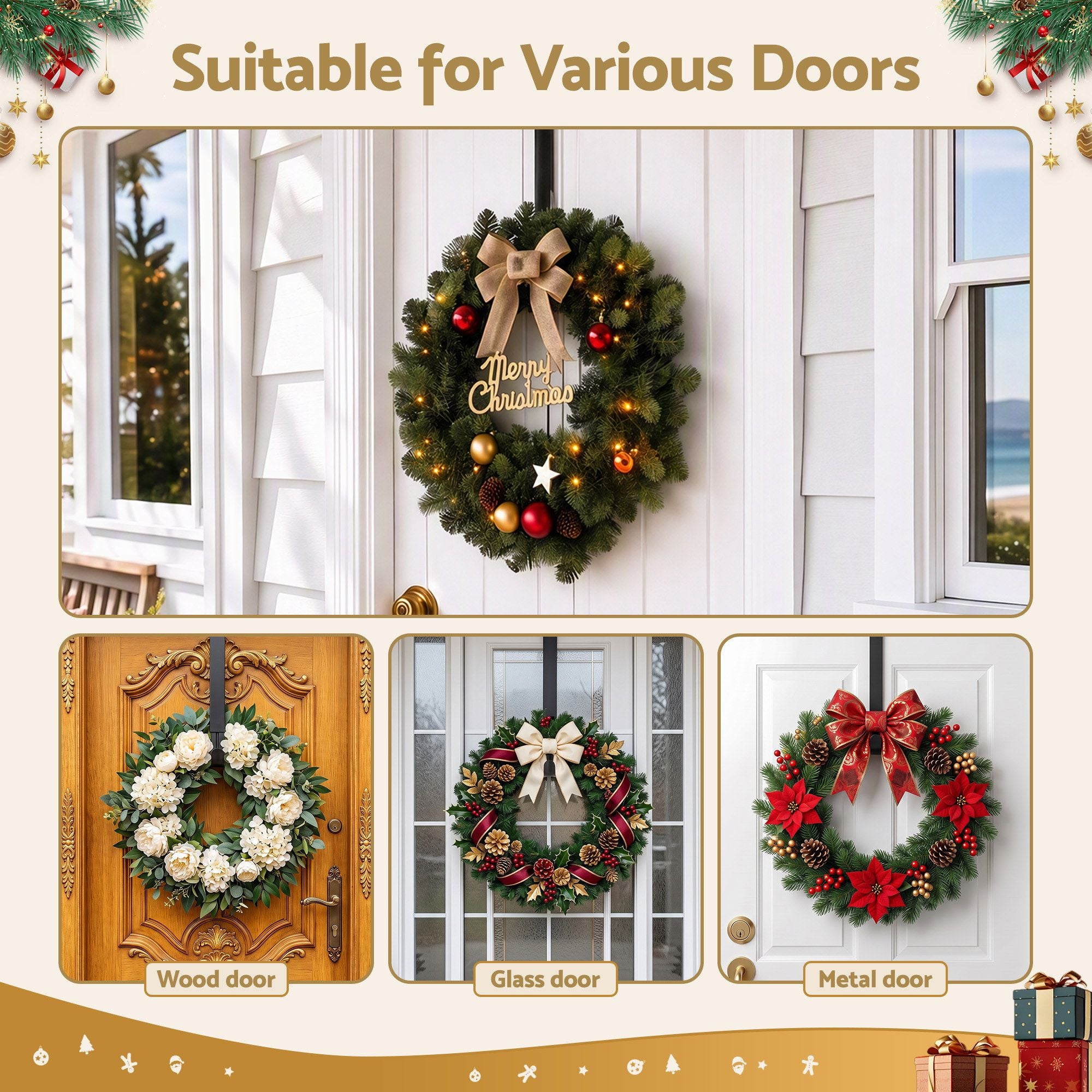 Jingle Jollys Christmas Wreath Hanger Metal Door Hook Height Adjustable