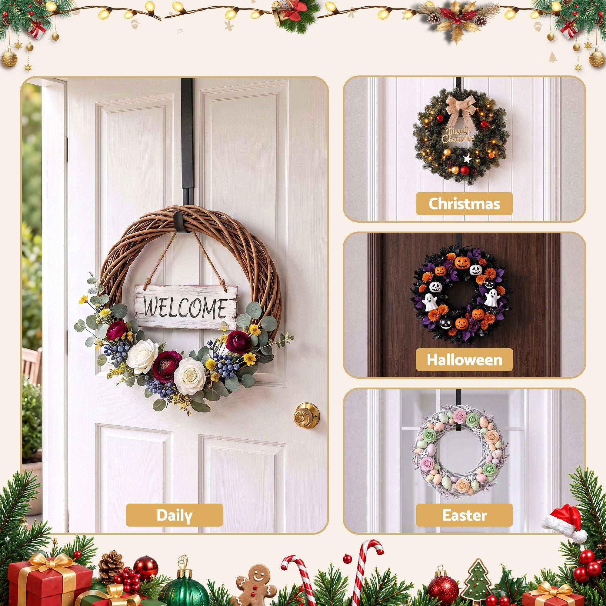 Jingle Jollys Christmas Wreath Hanger Metal Door Hook Height Adjustable