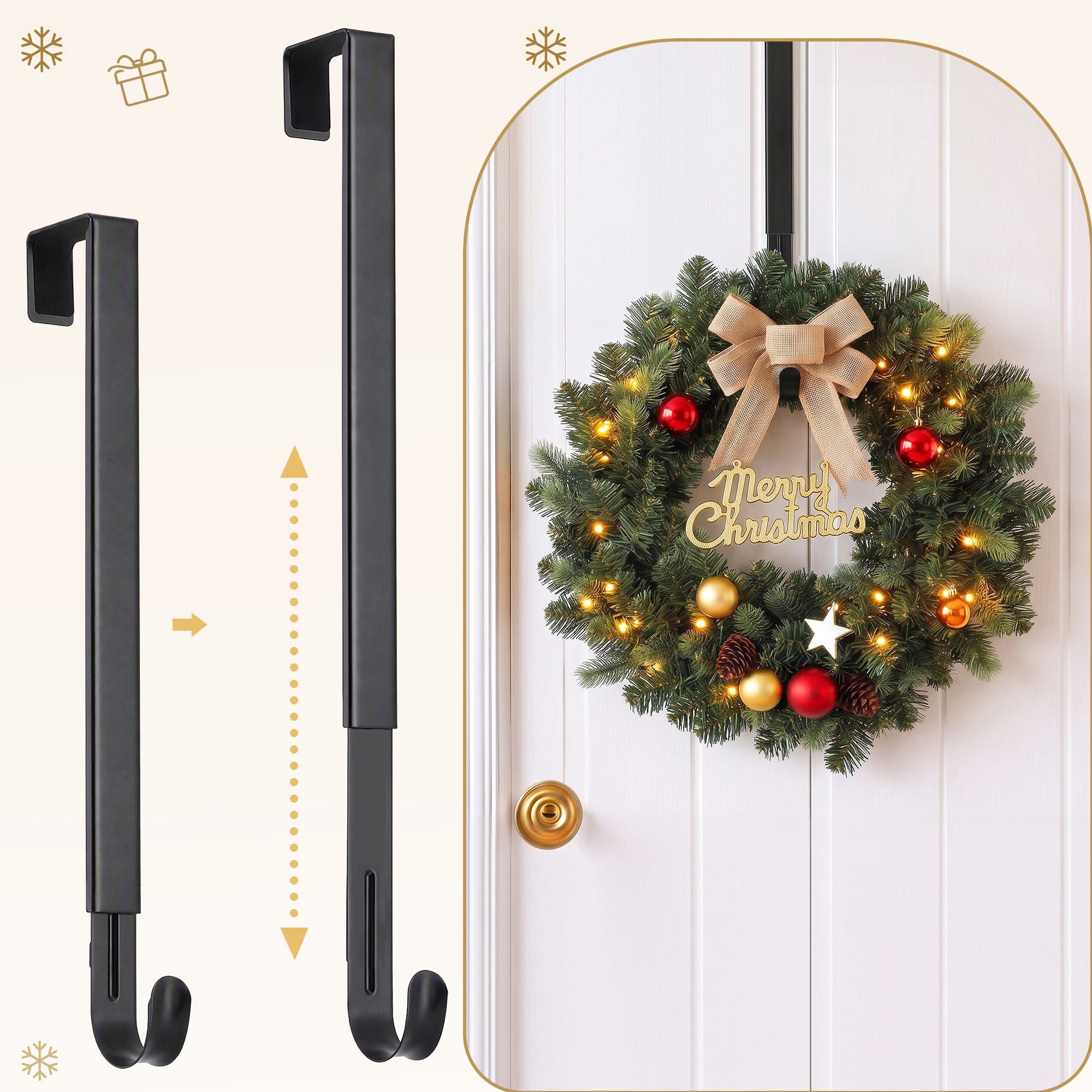 Jingle Jollys Christmas Wreath Hanger Metal Door Hook Height Adjustable