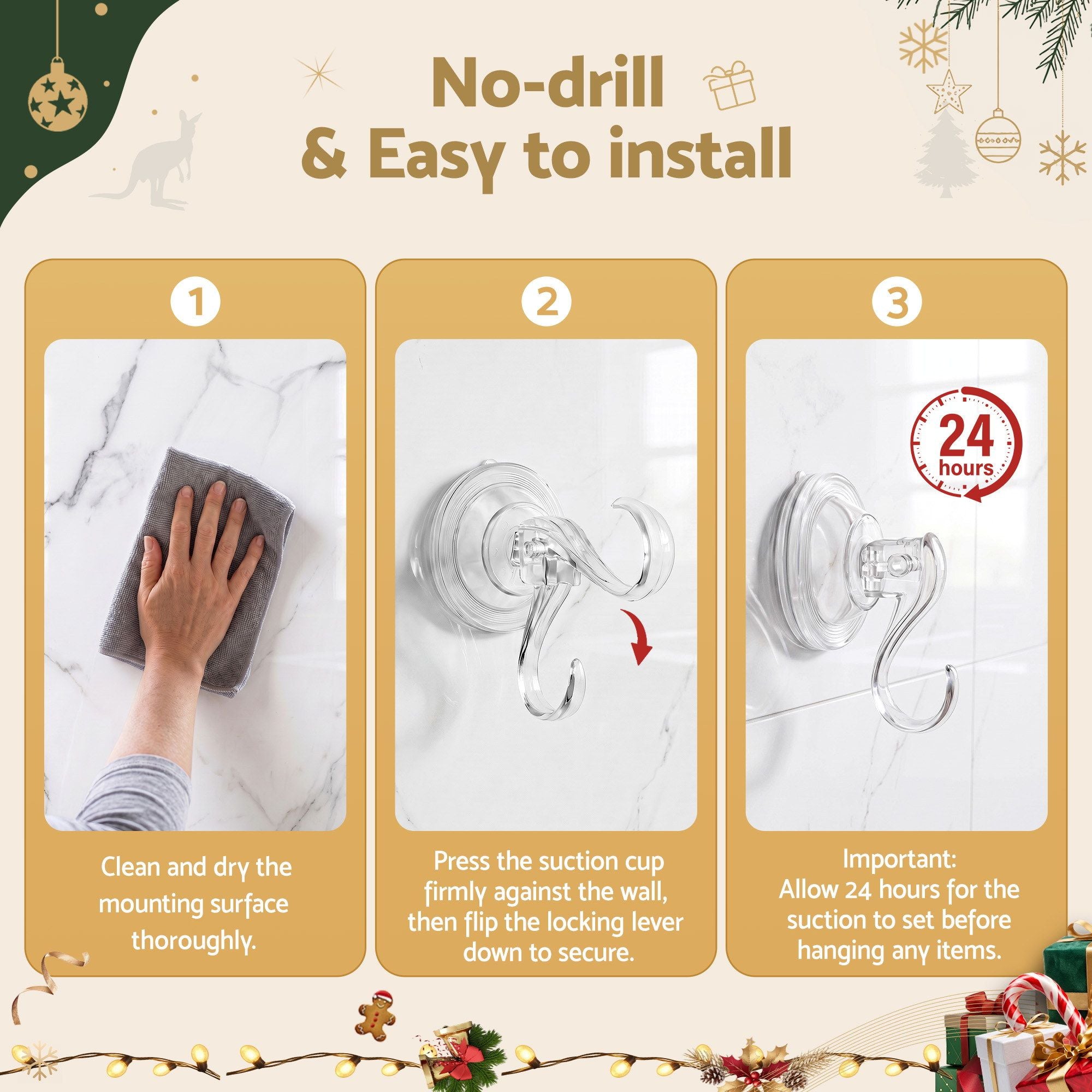 Jingle Jollys 2x Suction Cup Hooks Heavy Duty Christmas Wreath Hanger Window 5kg