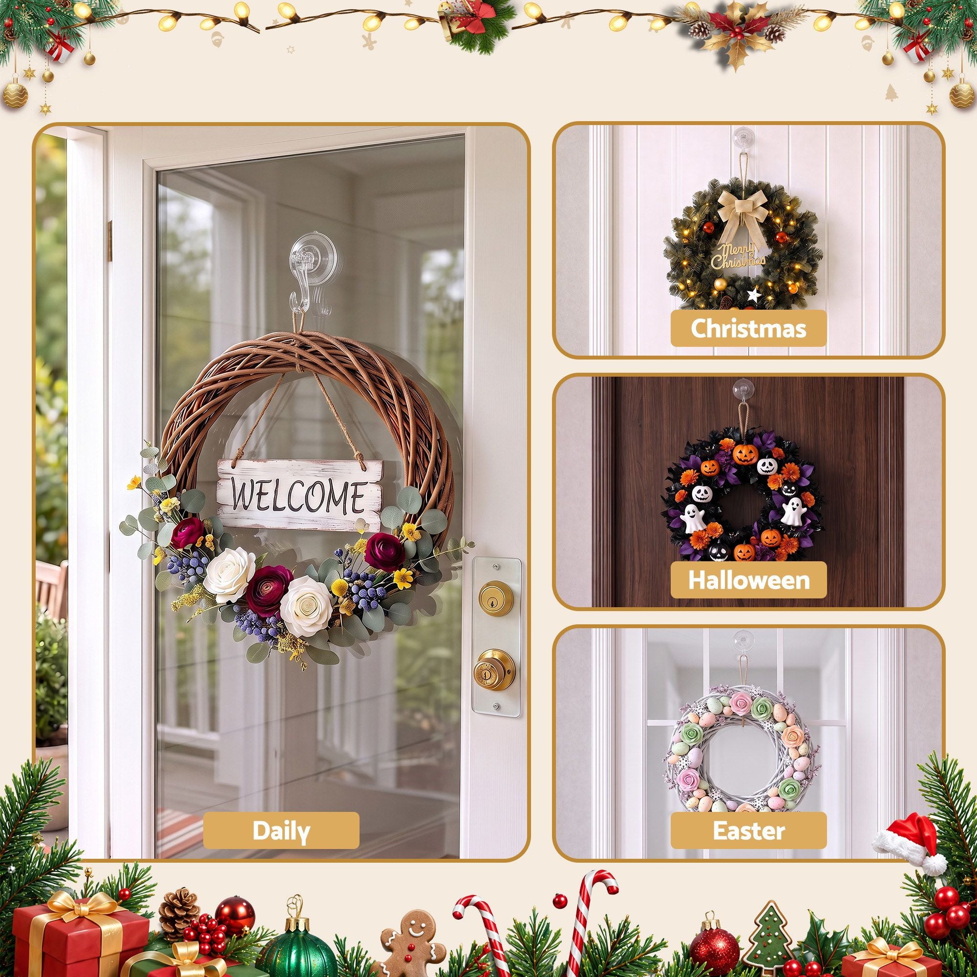 Jingle Jollys 2x Suction Cup Hooks Heavy Duty Christmas Wreath Hanger Window 5kg