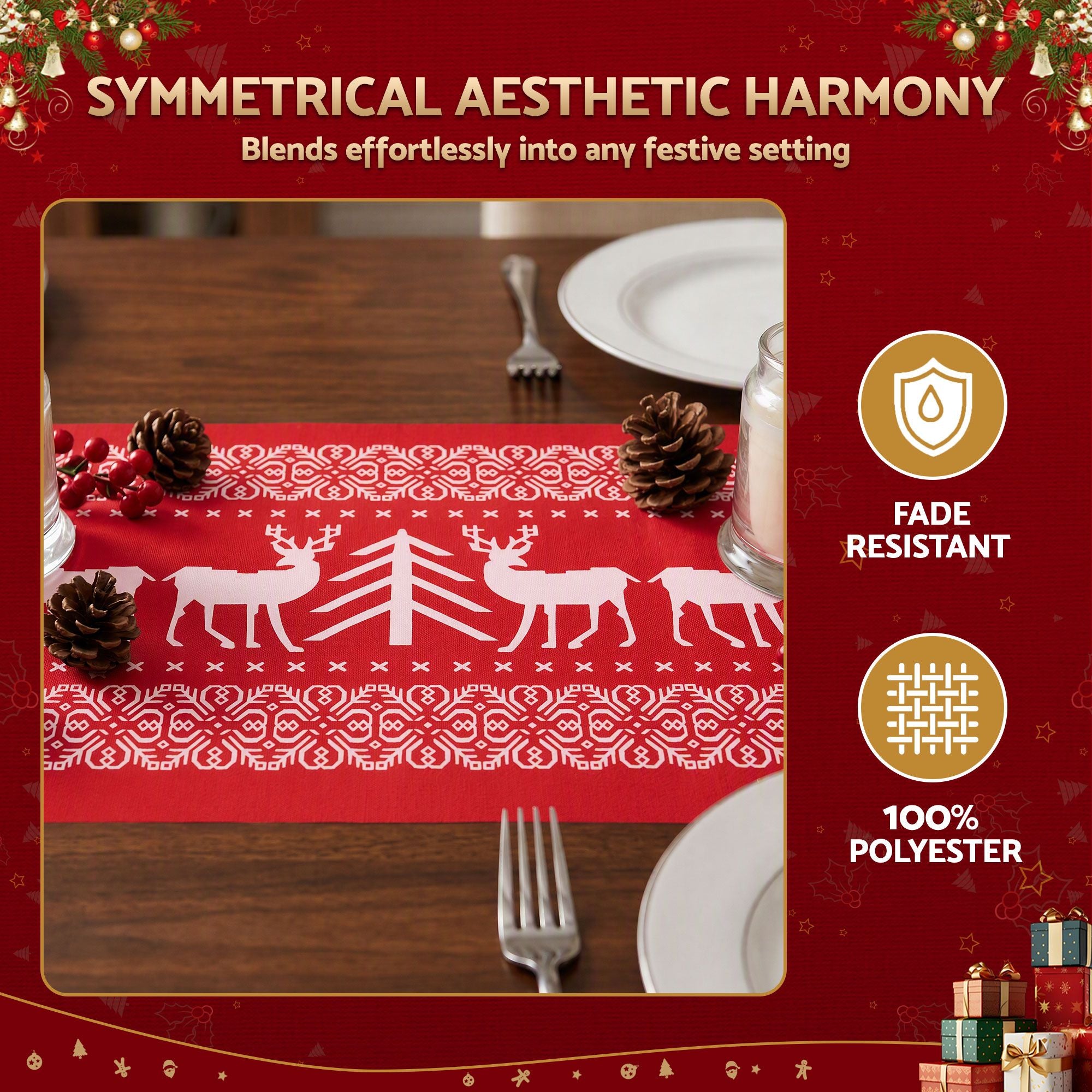 Jingle Jollys Christmas Table Runner Reindeers 270x28CM Dining Party Decor Red
