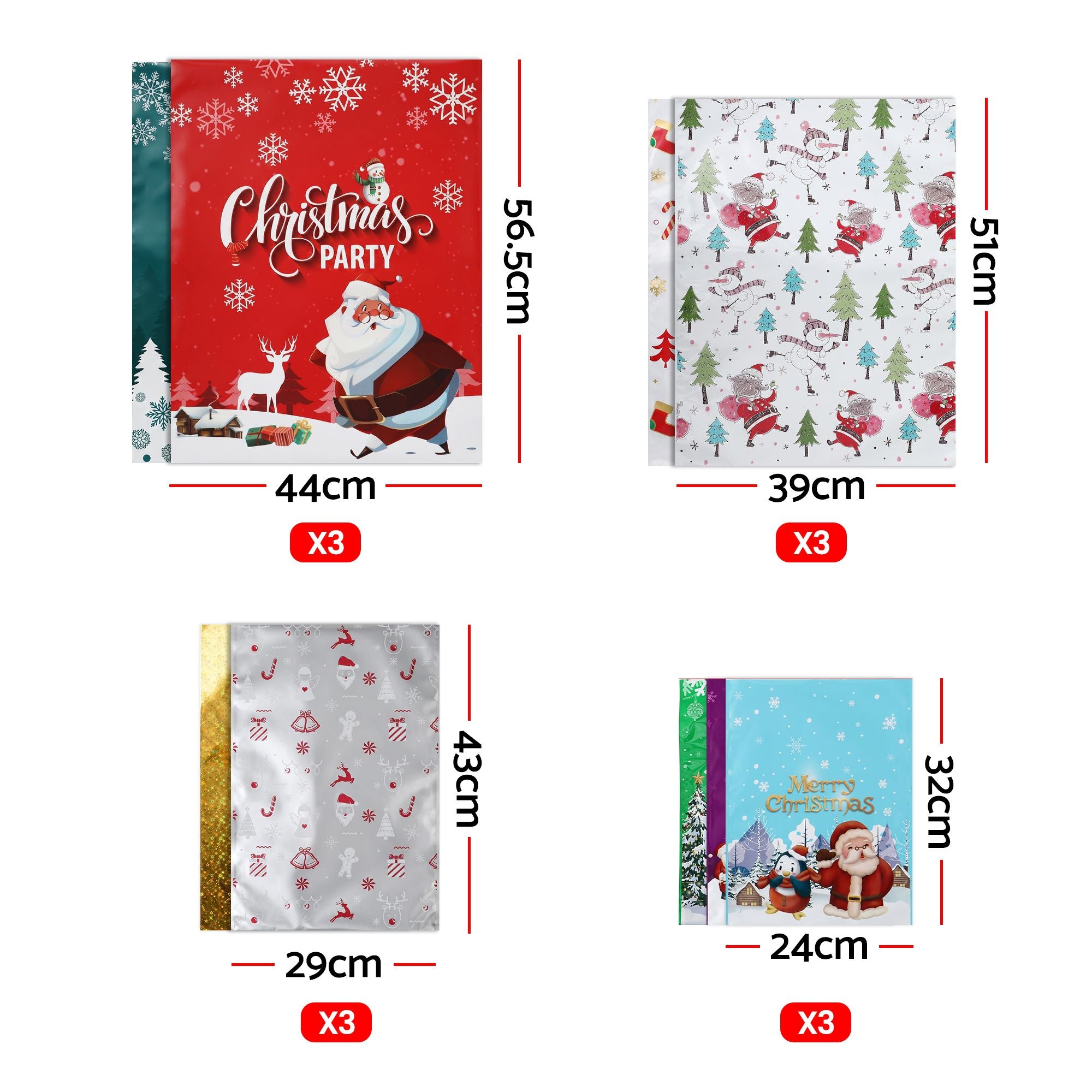 Jingle Jollys 27PCS Christmas Gift Bags Large Medium Small 9 Christmas Designs Set