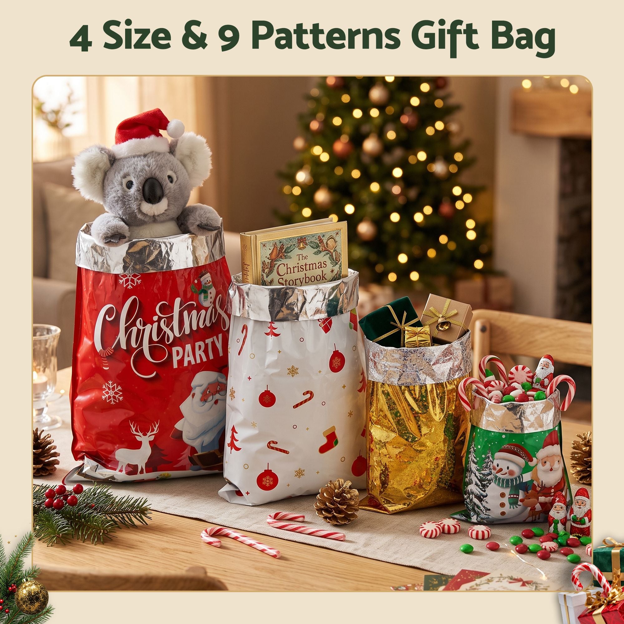 Jingle Jollys 27PCS Christmas Gift Bags Large Medium Small 9 Christmas Designs Set