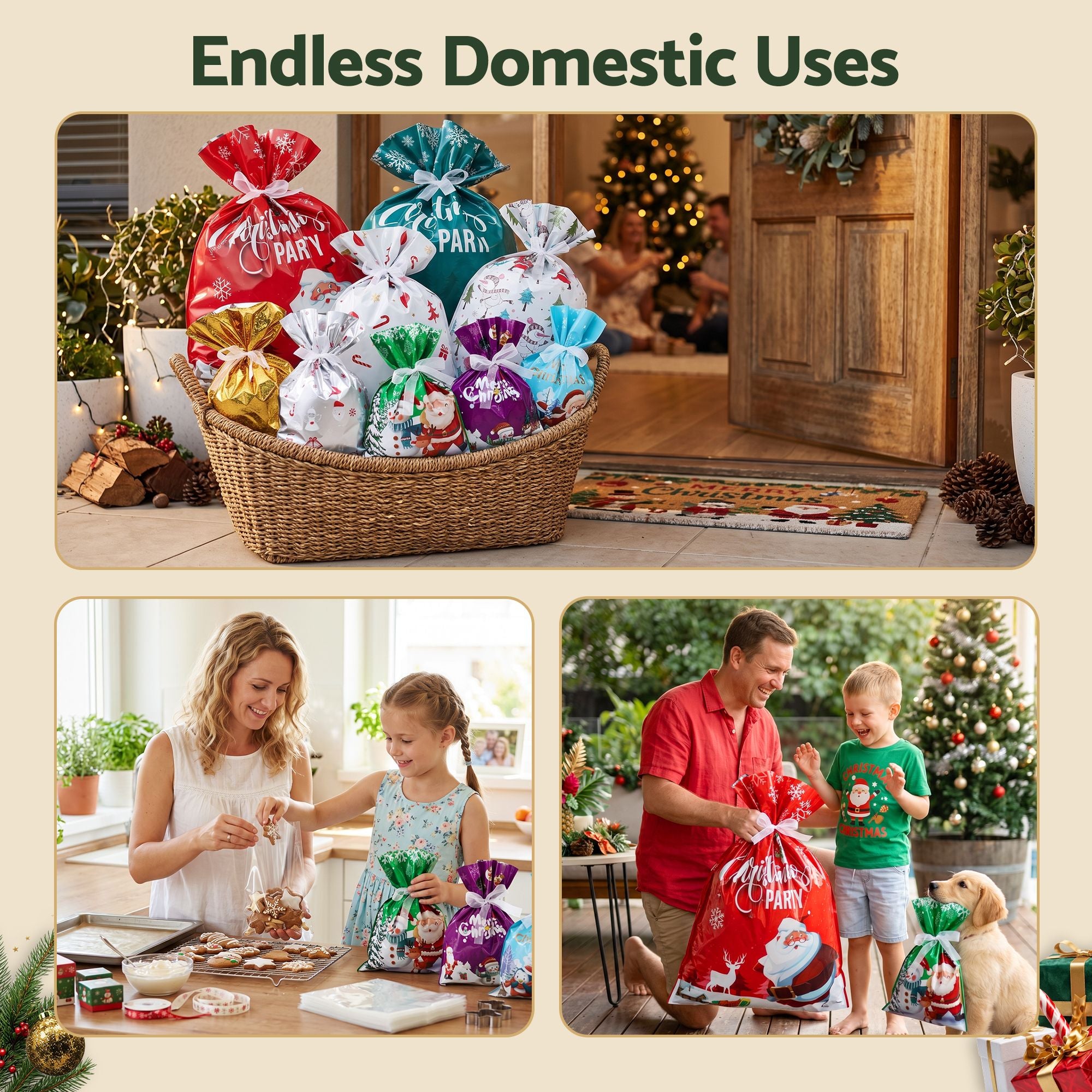 Jingle Jollys 27PCS Christmas Gift Bags Large Medium Small 9 Christmas Designs Set