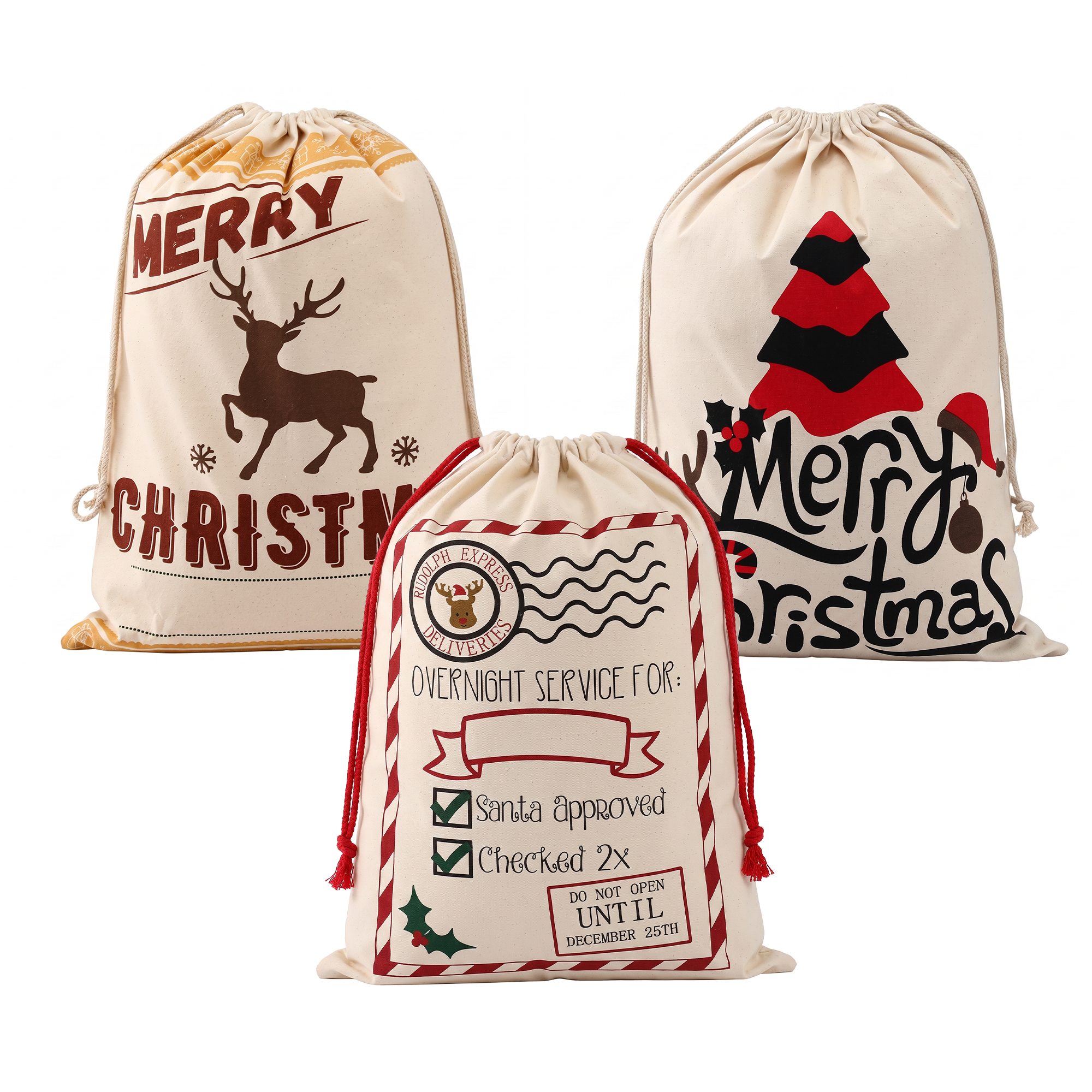 Jingle Jollys 3PCS Christmas Santa Sacks Large Reusable Personalised Canvas Gift Storage Bags