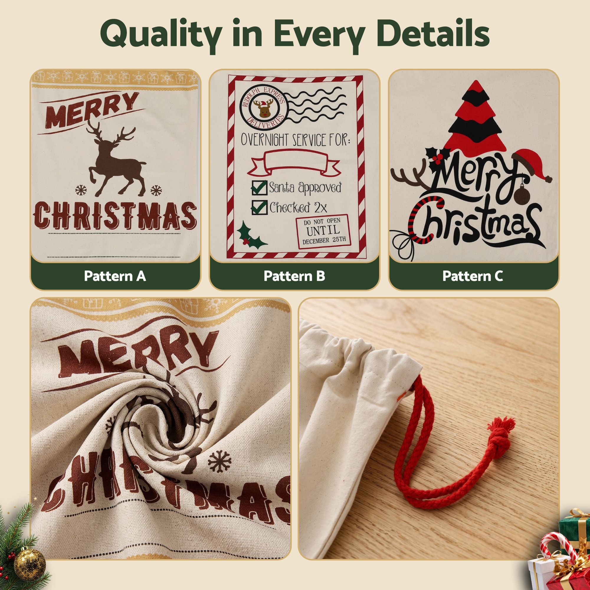 Jingle Jollys 3PCS Christmas Santa Sacks Large Reusable Personalised Canvas Gift Storage Bags