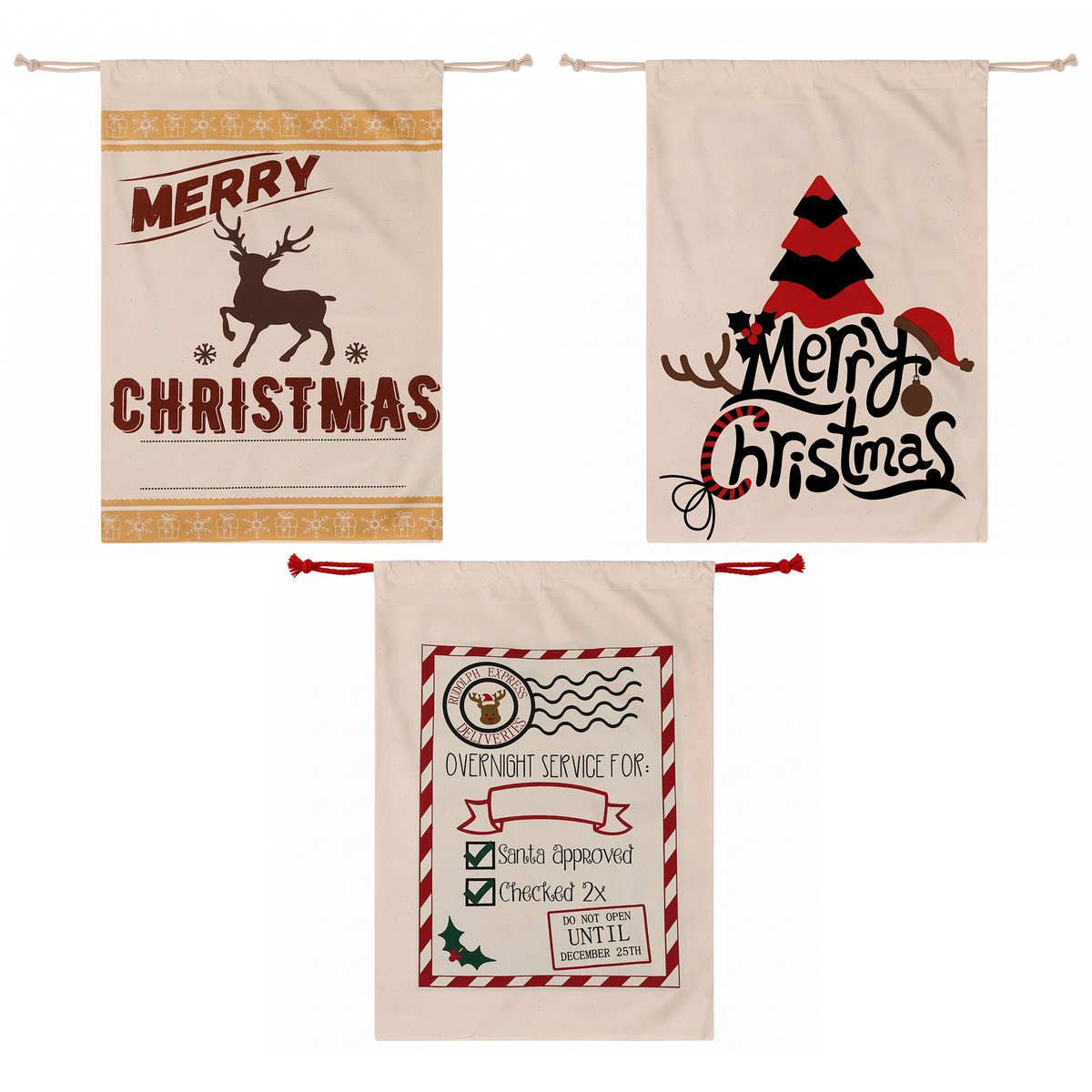 Jingle Jollys 3 Pack Christmas Santa Sack Reusable Canvas Gift Bags