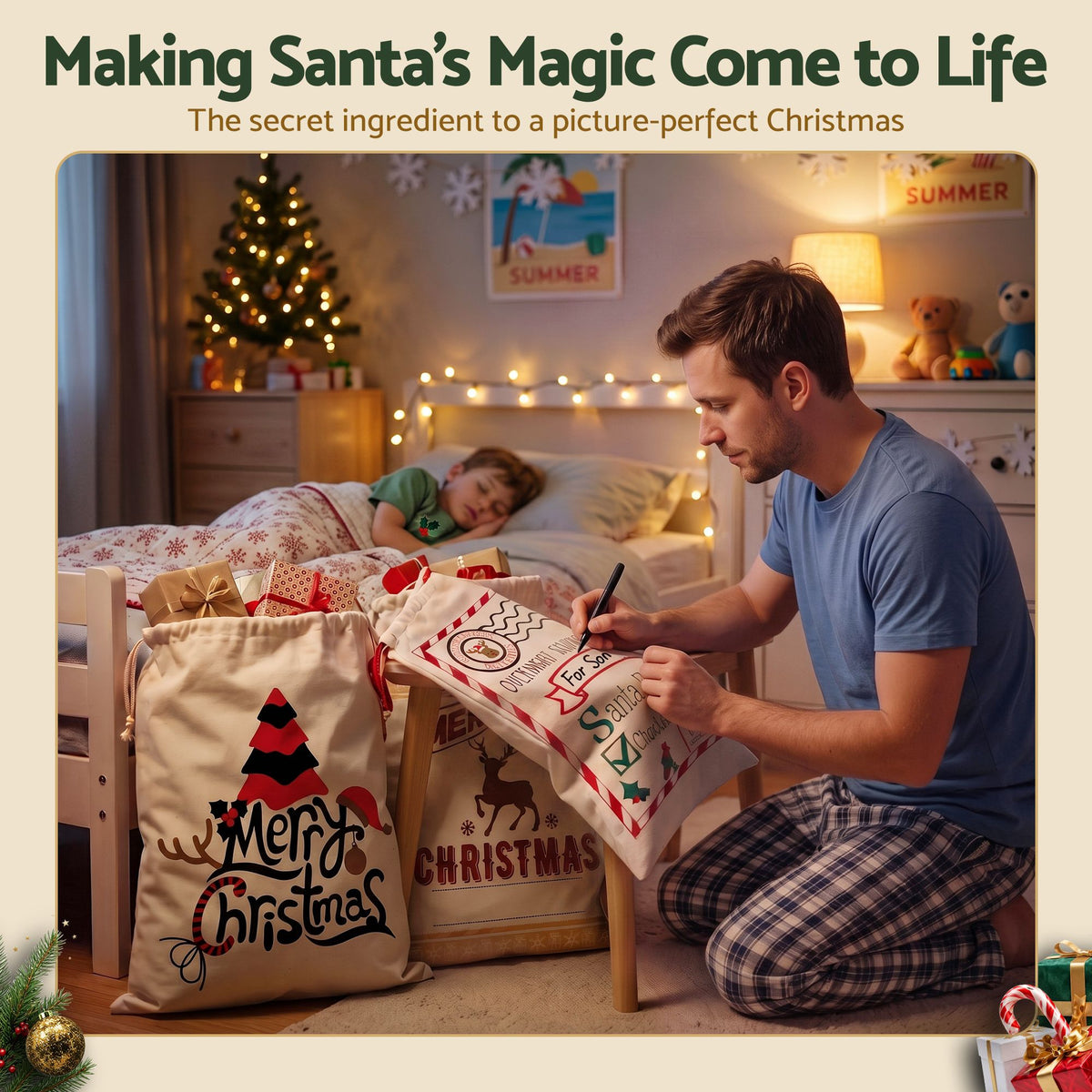Jingle Jollys 3 Pack Christmas Santa Sack Reusable Canvas Gift Bags