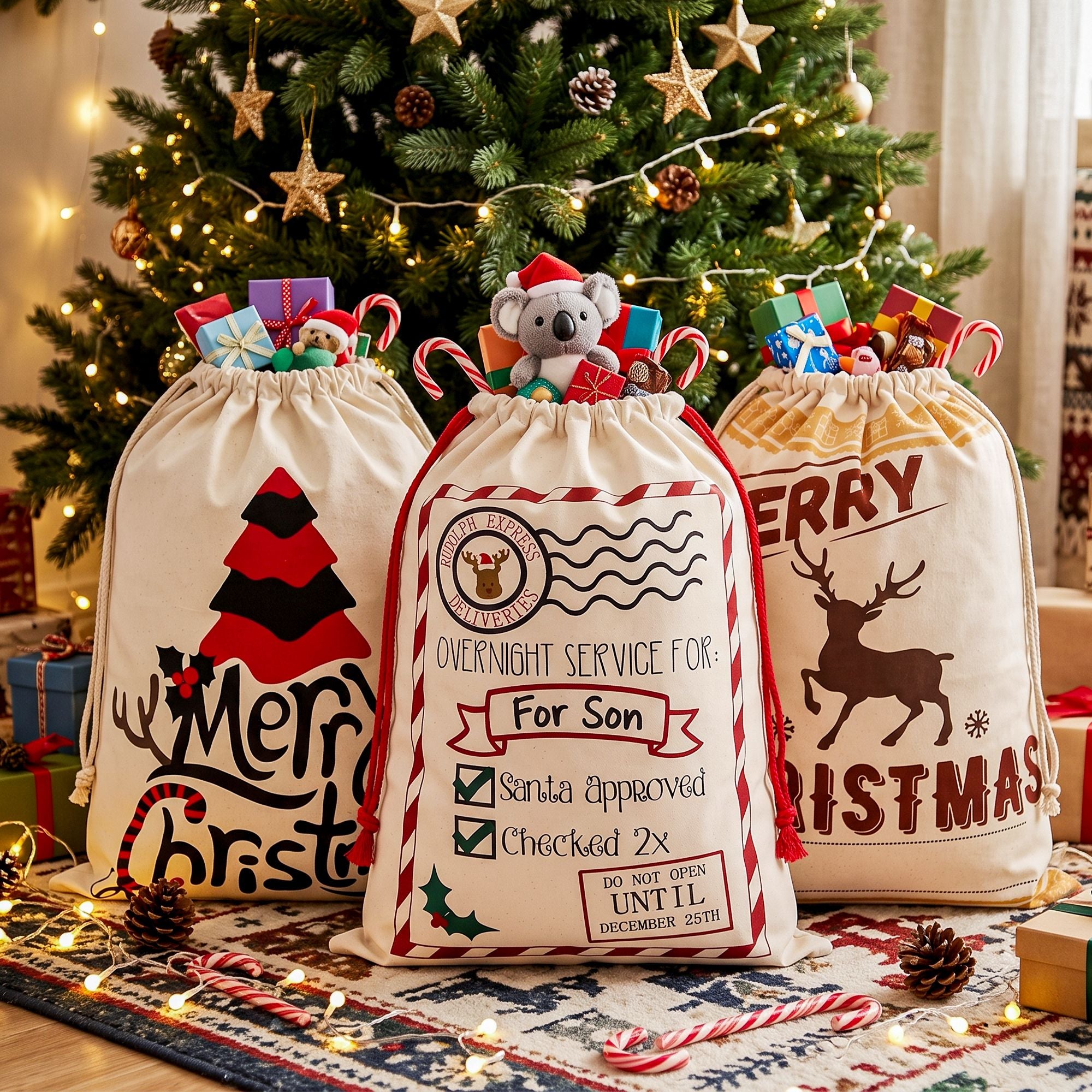 Jingle Jollys 3PCS Christmas Santa Sacks Large Reusable Personalised Canvas Gift Storage Bags