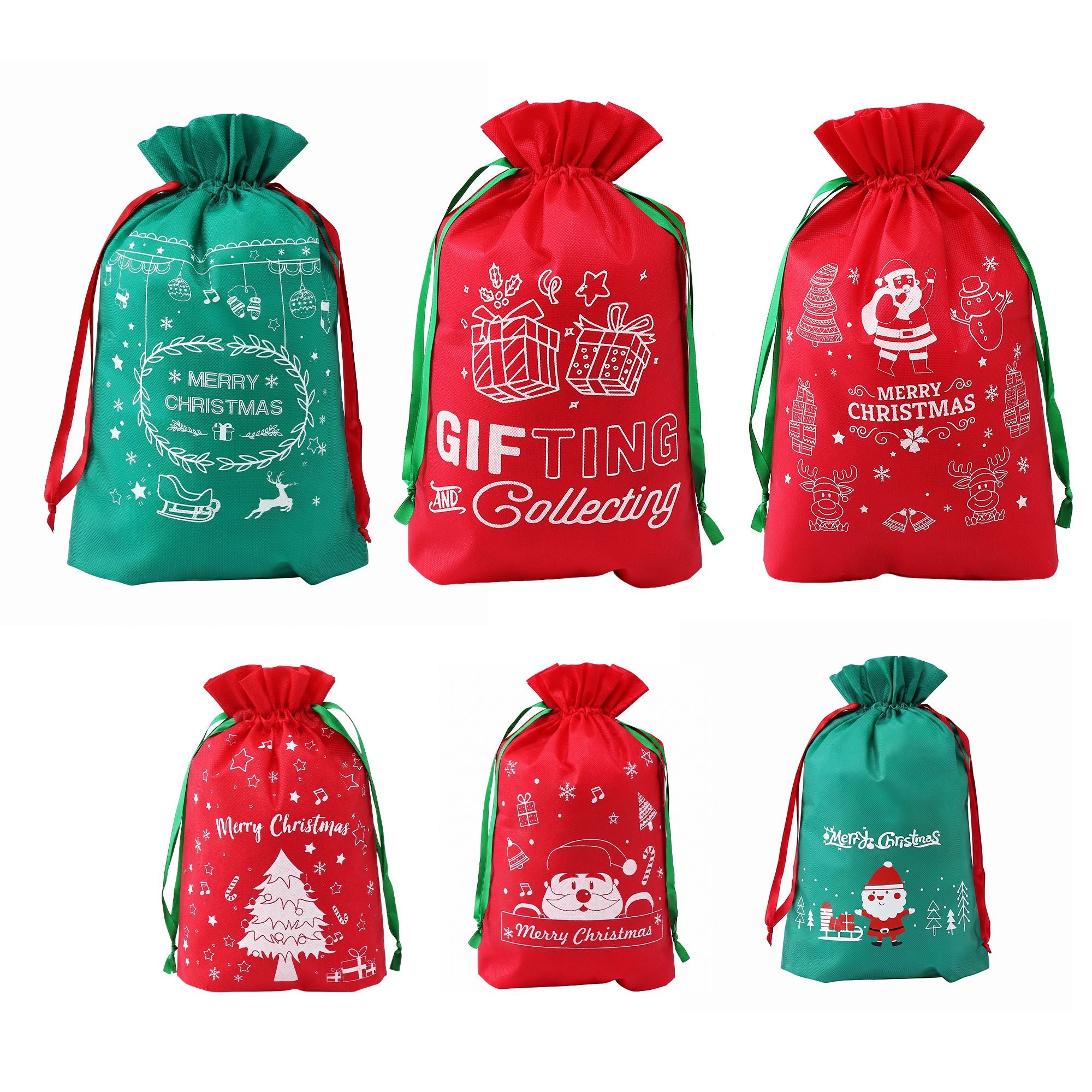 Jingle Jollys 6PCS Christmas Santa Sacks Drawstring Reusable Gift Storage Bags 2 Sizes