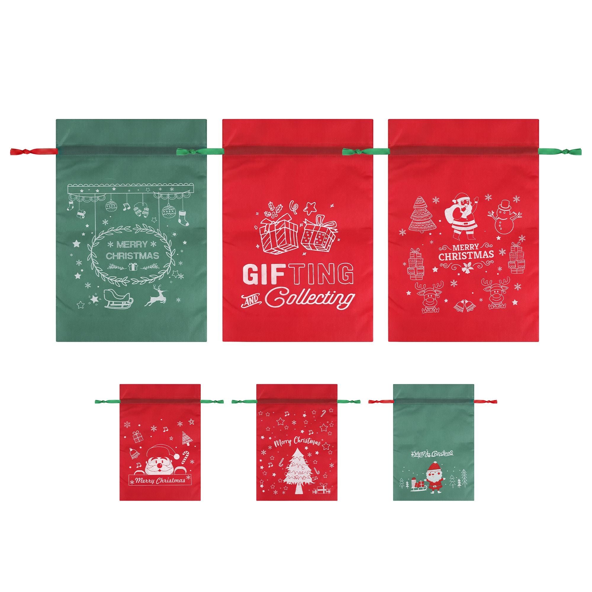 Jingle Jollys 6PCS Christmas Santa Sacks Drawstring Reusable Gift Storage Bags 2 Sizes