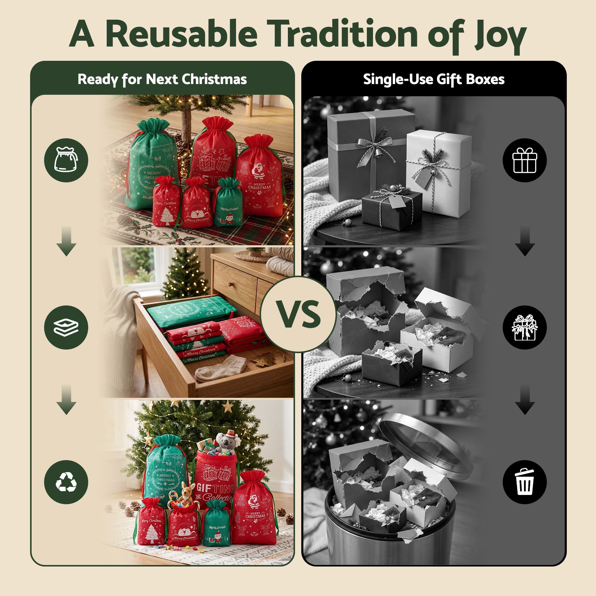 Jingle Jollys 6PCS Christmas Santa Sacks Drawstring Reusable Gift Storage Bags 2 Sizes