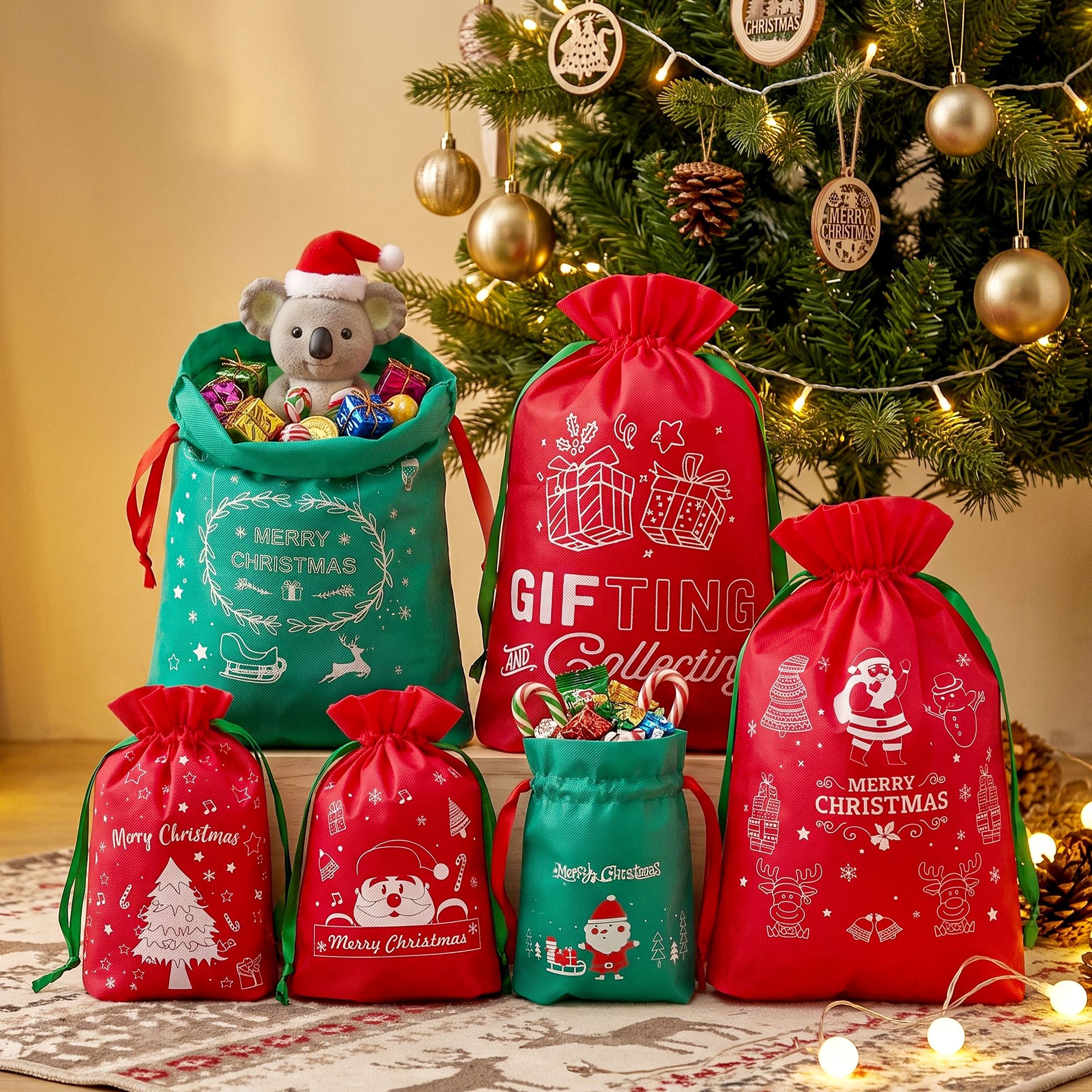 Jingle Jollys 6PCS Christmas Santa Sacks Drawstring Reusable Gift Storage Bags 2 Sizes