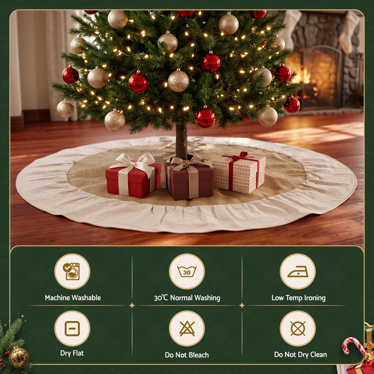 Jingle Jollys 90cm Ruffled Linen Christmas Tree Skirt