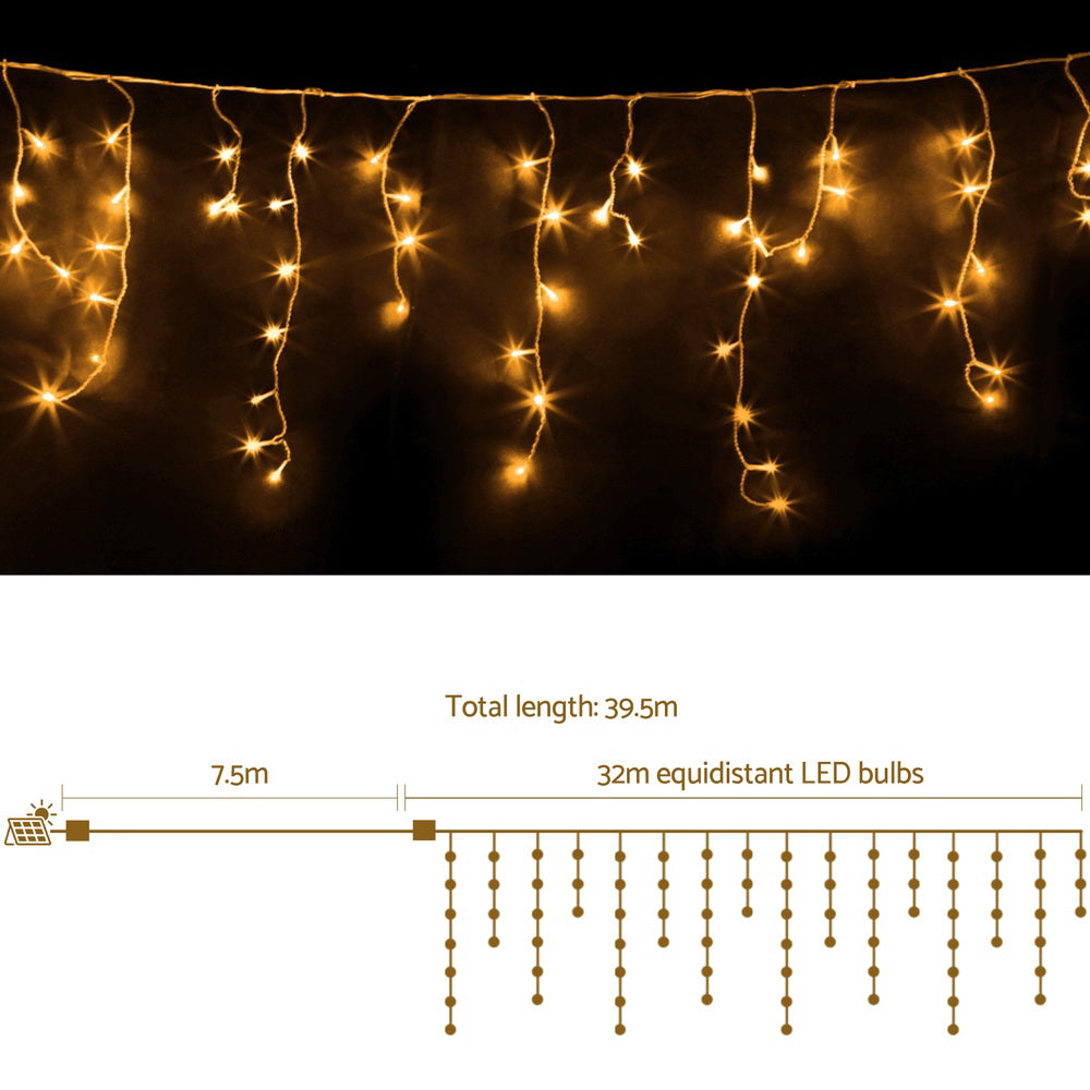 960 LED 32M Warm White Icicle Christmas Lights, Solar Powered - Jingle Jollys