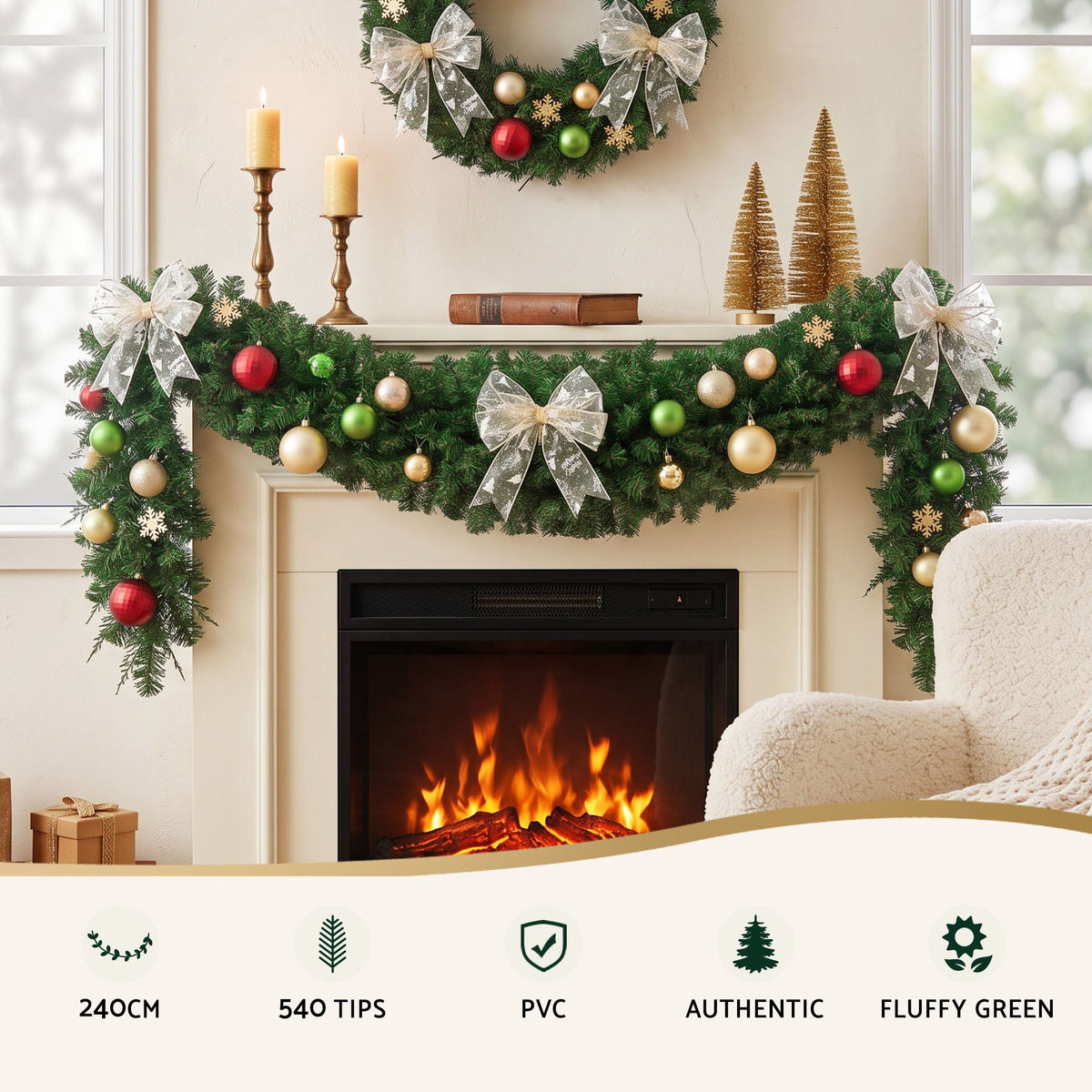 Jingle Jollys 2.4m Christmas Garland Green Indoor Outdoor Decorations