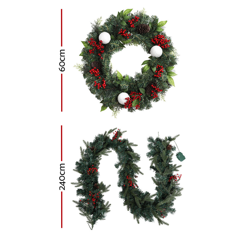 Jingle Jollys 240cm Garland & 60cm Wreath Set LED Lights Xmas Decor