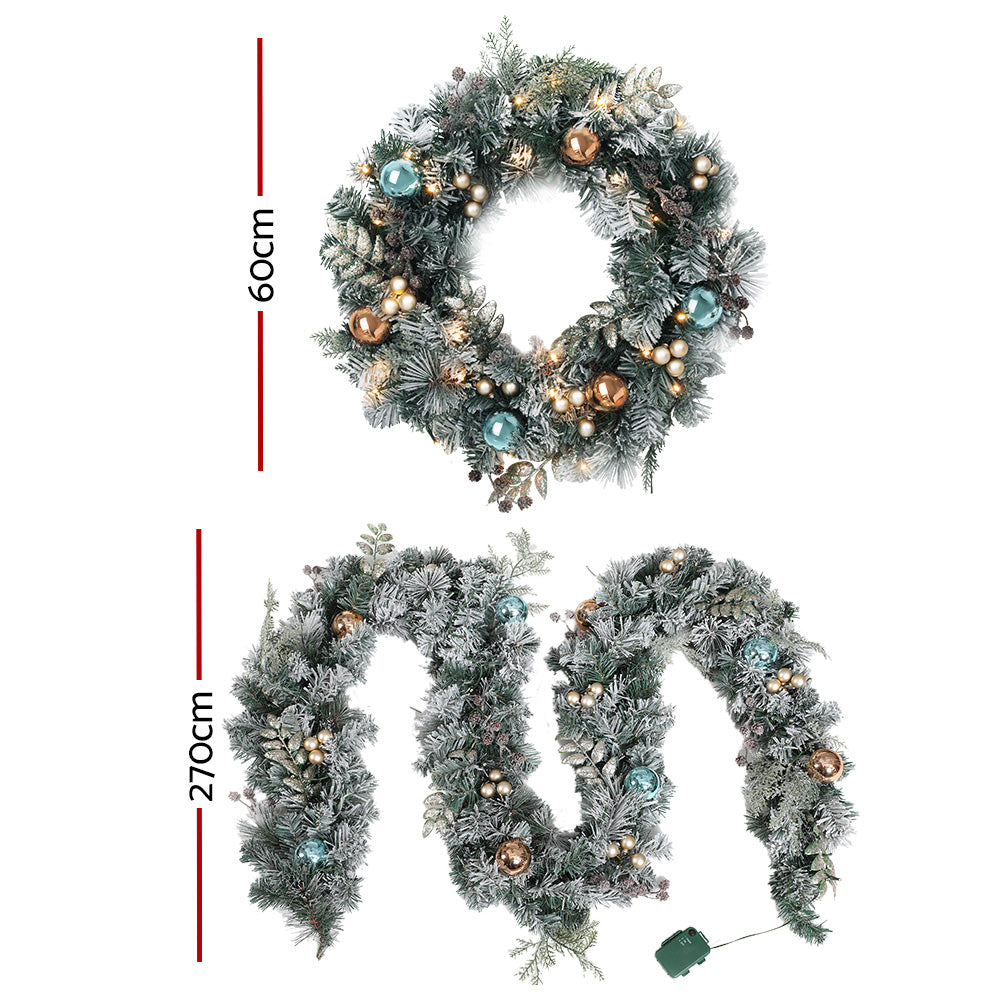 Jingle Jollys 2.7m Christmas Garland and 60cm Wreath Set LED Snowy Decor