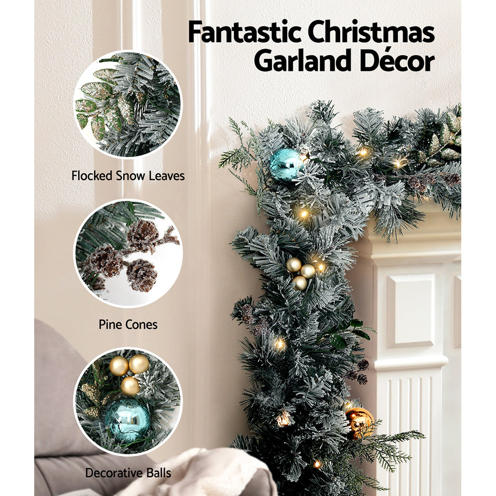 Jingle Jollys 2.7m Christmas Garland and 60cm Wreath Set LED Snowy Decor