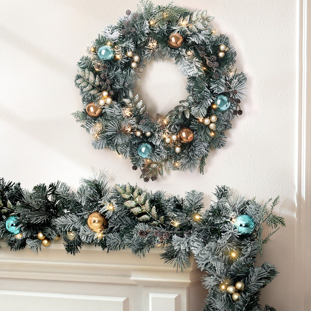 Jingle Jollys 2.7m Christmas Garland and 60cm Wreath Set LED Snowy Decor