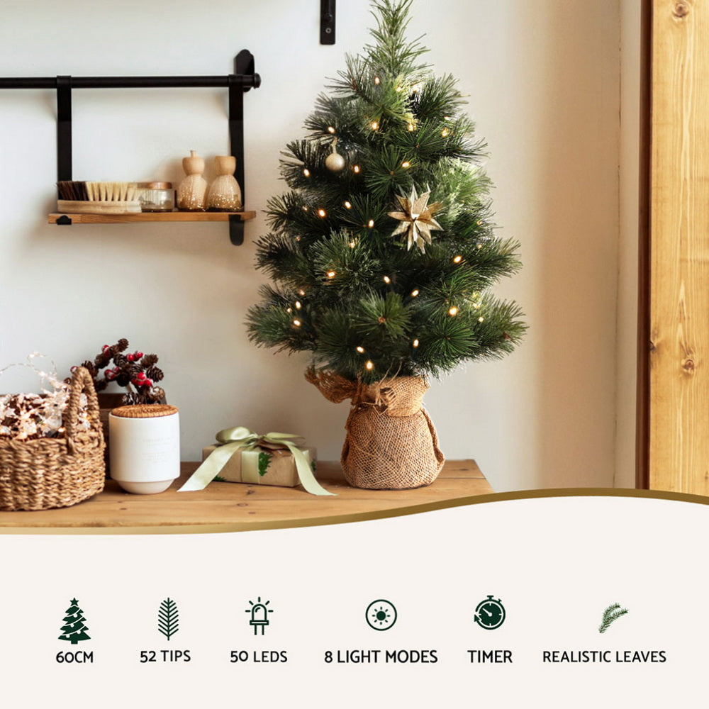 Jingle Jollys 60CM Mini Tabletop Christmas Tree 8 Light Modes Timer