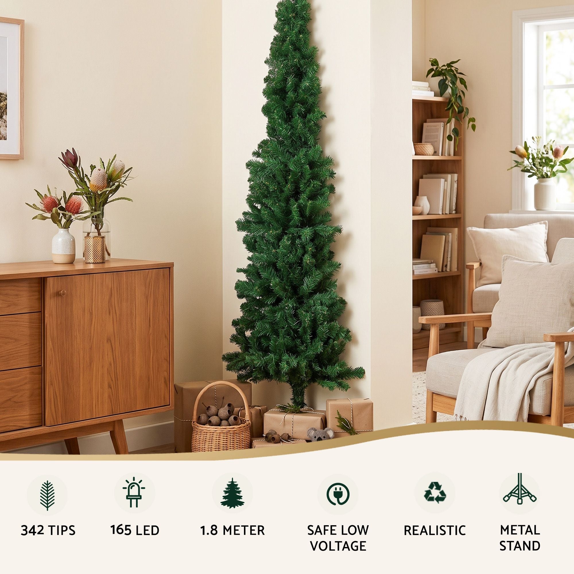 Jingle Jollys 1.8m Pre-Lit Christmas Tree Slim Pencil Xmas Tree Corner Tree