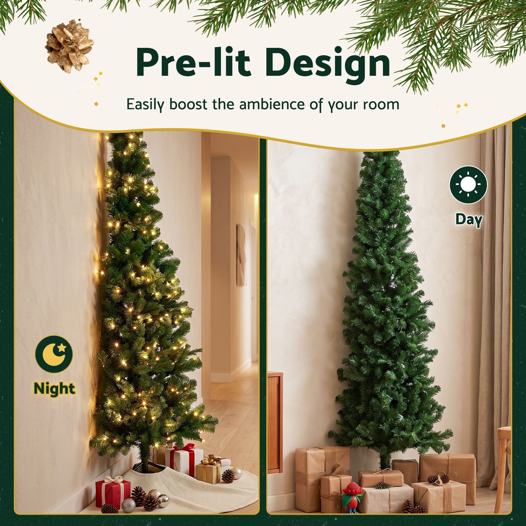 Jingle Jollys 1.8m Pre-Lit Christmas Tree Slim Pencil Xmas Tree Corner Tree