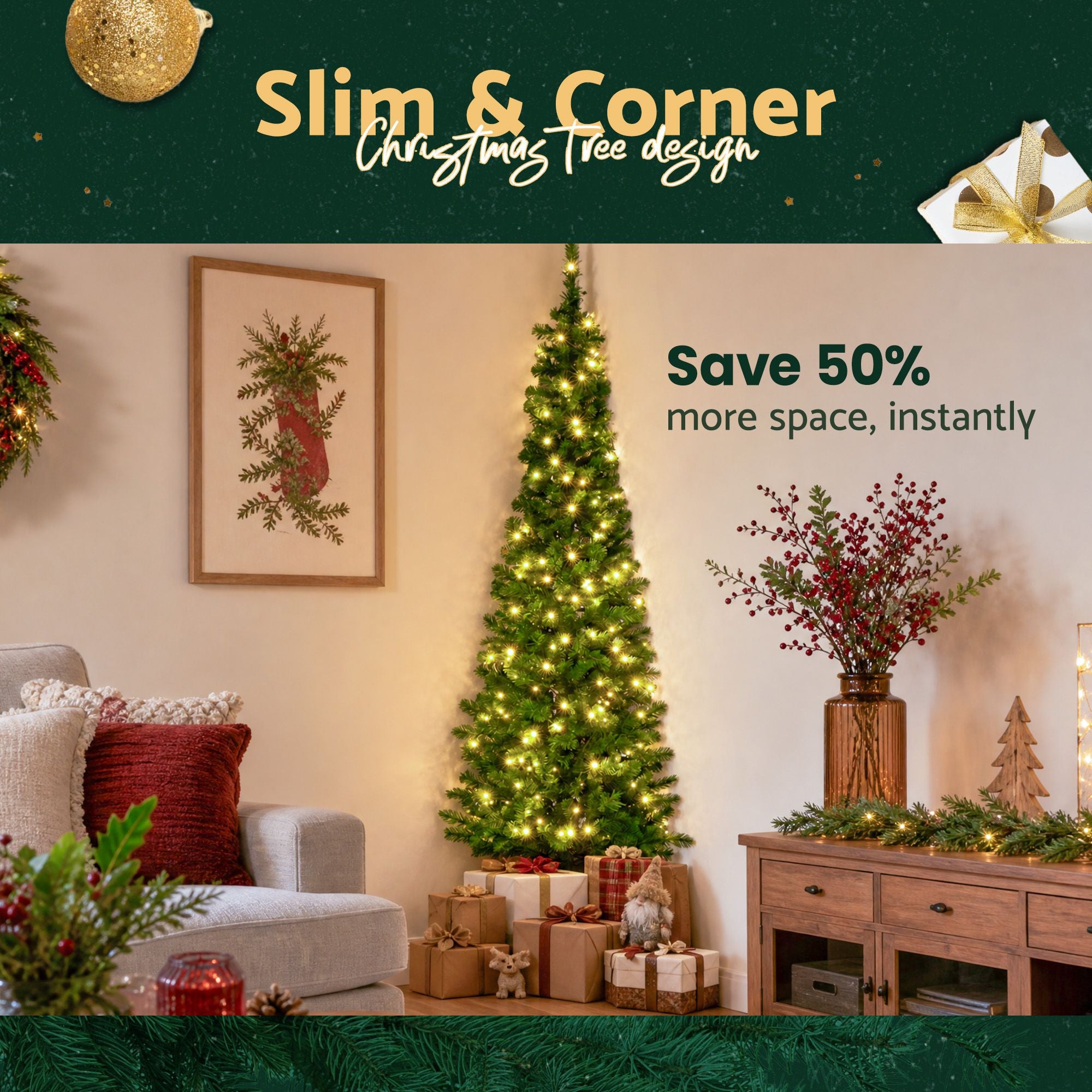 Jingle Jollys 1.8m Pre-Lit Christmas Tree Slim Pencil Xmas Tree Corner Tree