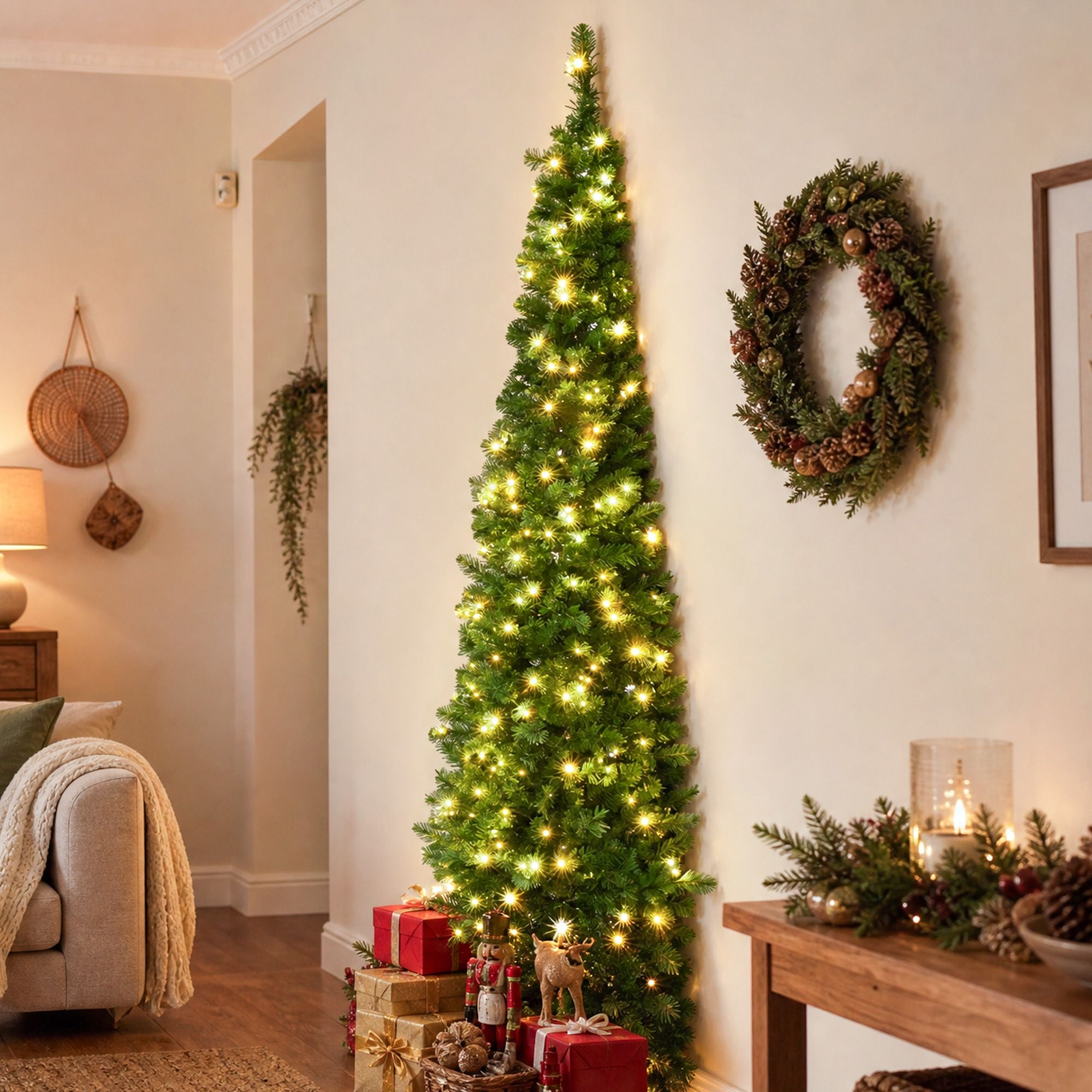 Jingle Jollys 2.4m Pre-Lit Christmas Tree Slim Pencil Xmas Tree Corner Tree