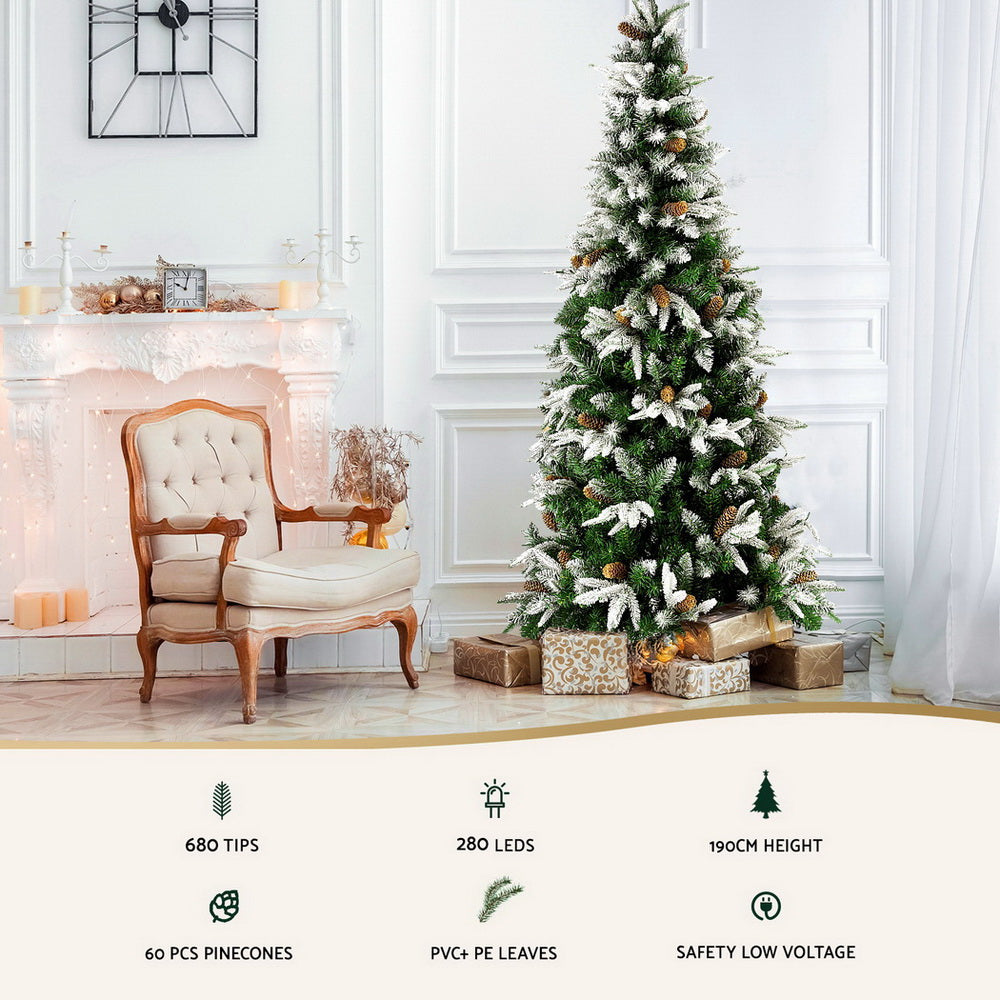 Jingle Jollys 190cm LED Christmas Tree Pine Cones Flocking