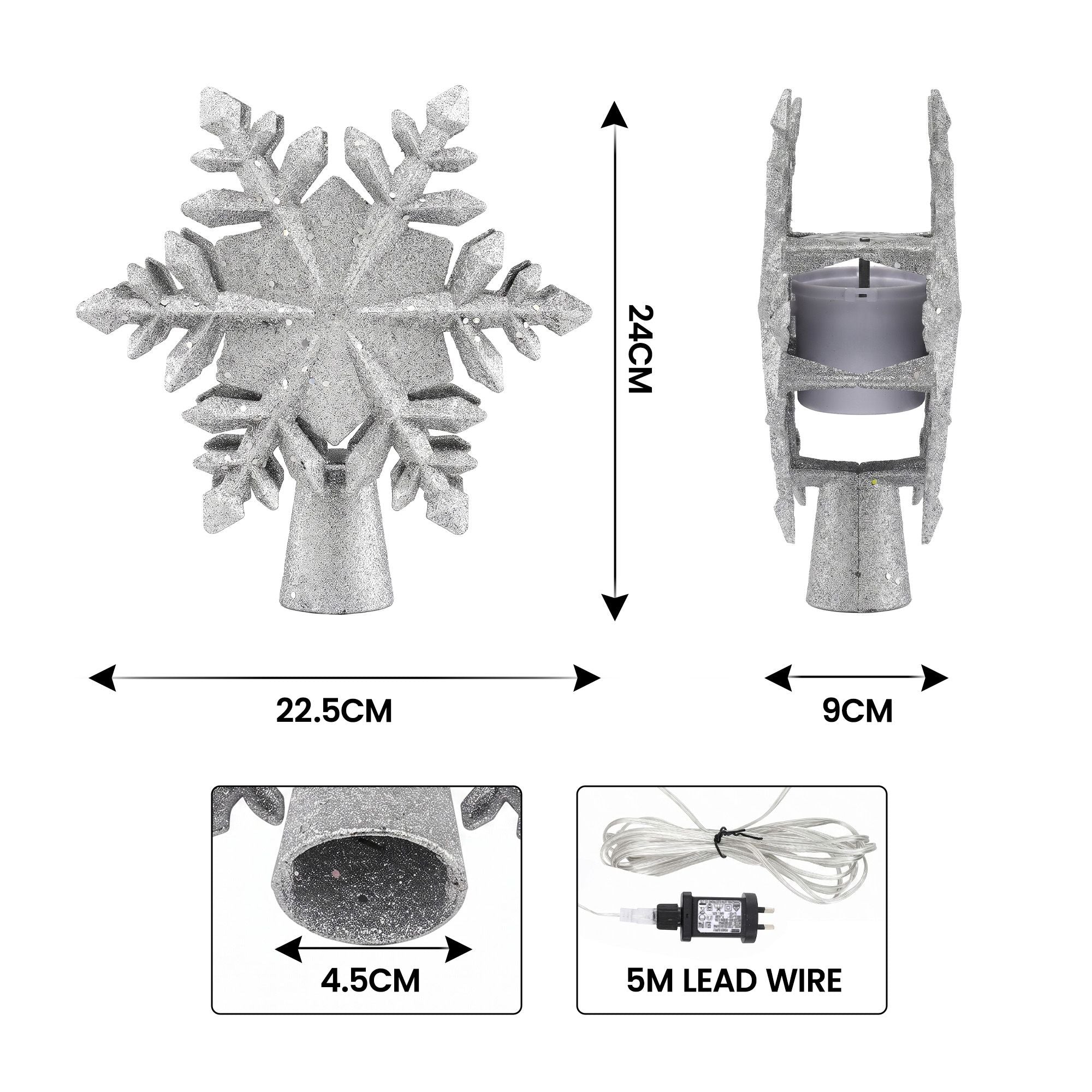 Jingle Jollys Christmas Tree Topper Lighted 360° Rotating Snowflake Projector Silver Glitter