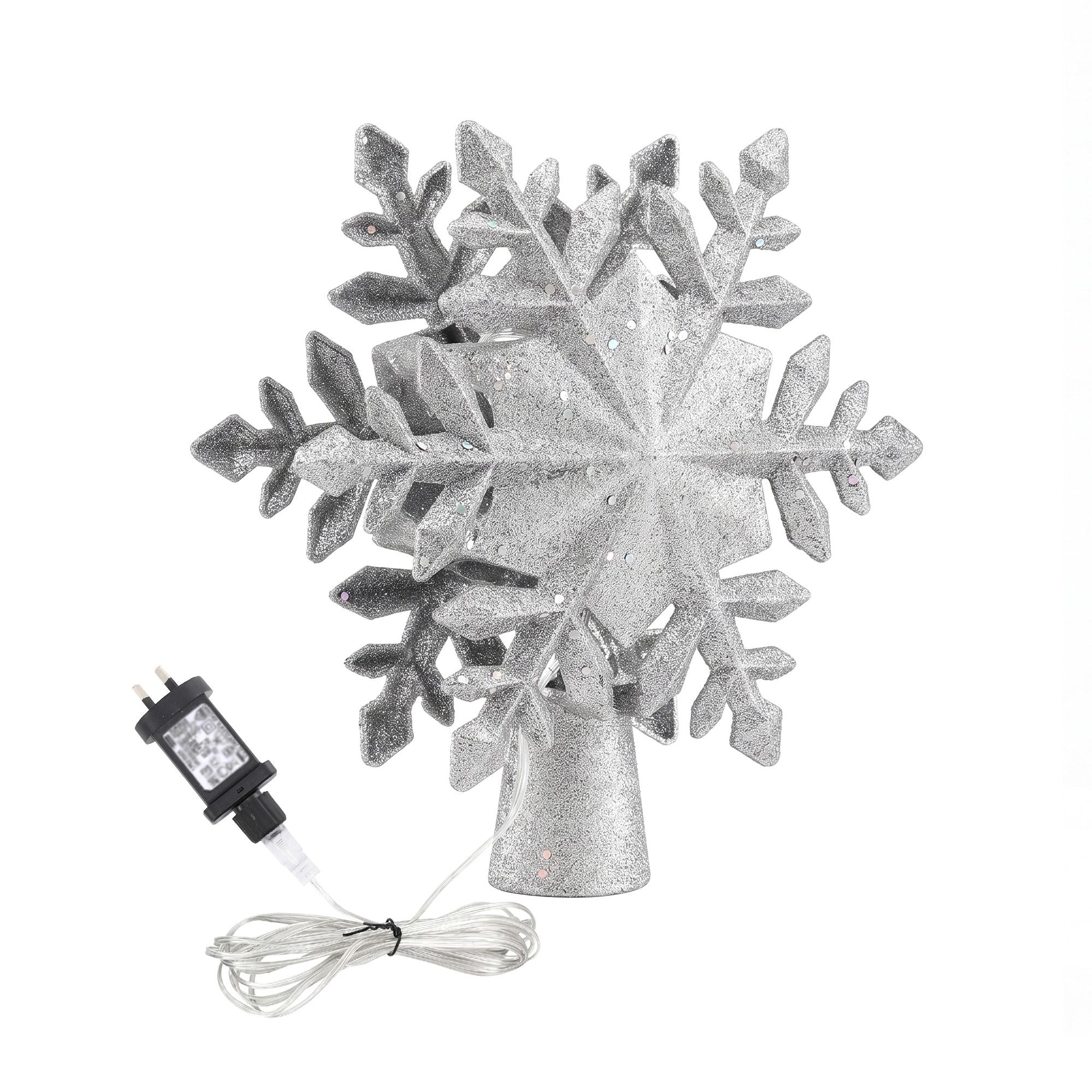 Jingle Jollys Christmas Tree Topper Lighted 360° Rotating Snowflake Projector Silver Glitter