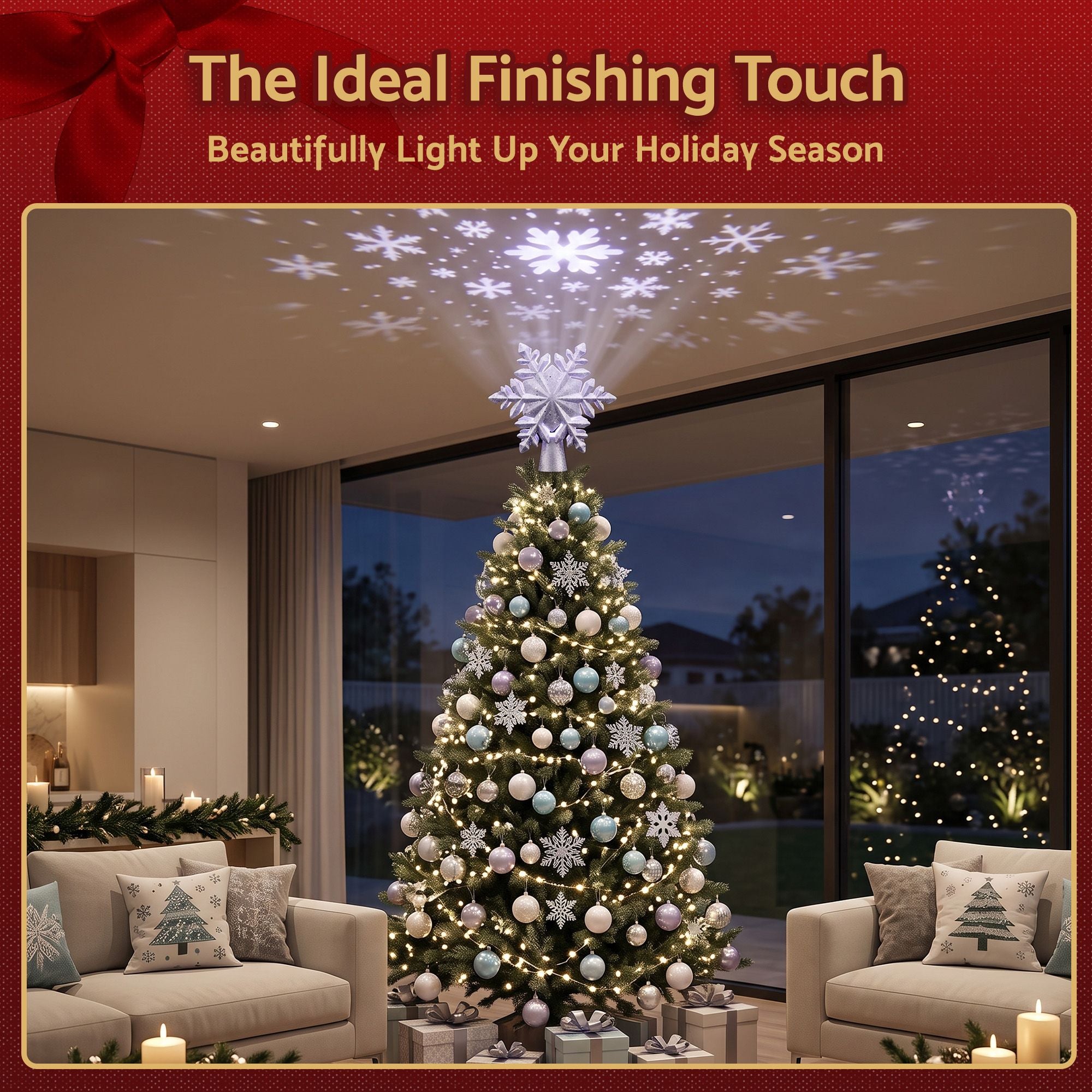 Jingle Jollys Christmas Tree Topper Lighted 360° Rotating Snowflake Projector Silver Glitter