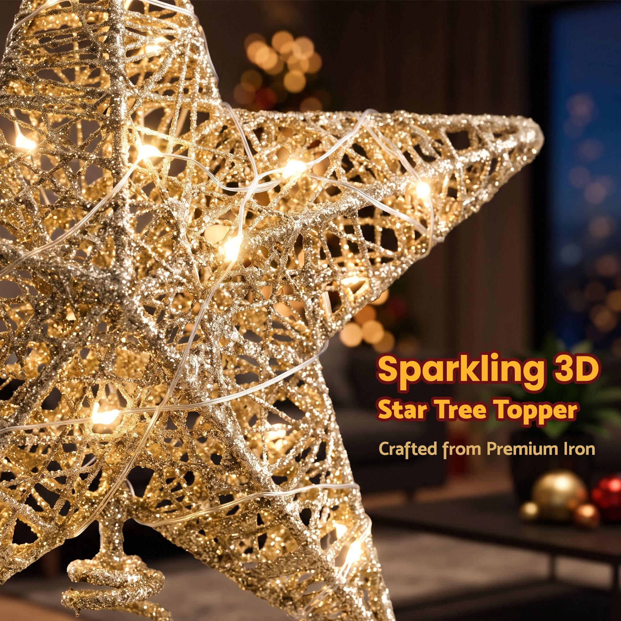 Jingle Jollys 3D Christmas Tree Topper Star 20 Warm LED Lights Gold Glitter