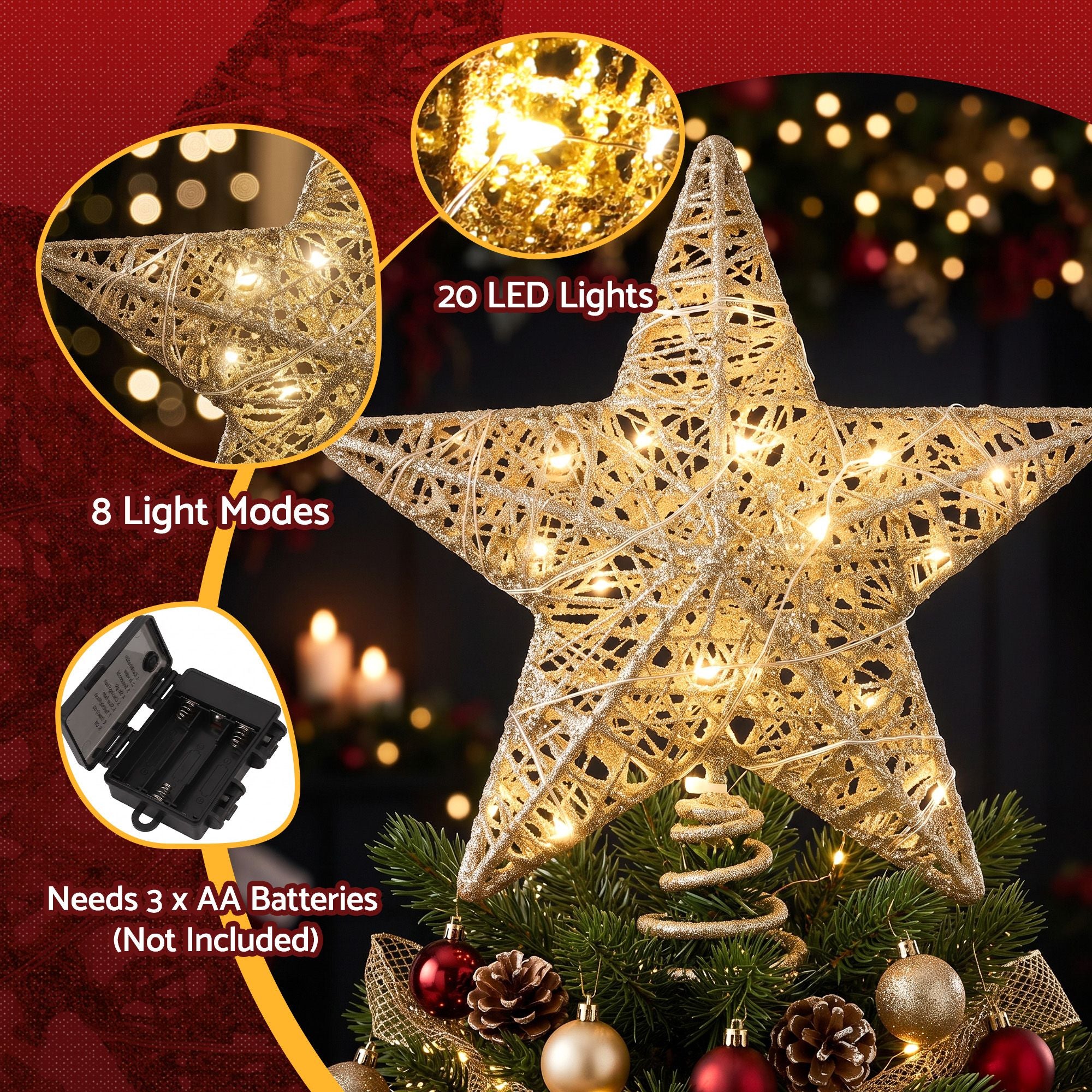Jingle Jollys 3D Christmas Tree Topper Star 20 Warm LED Lights Gold Glitter