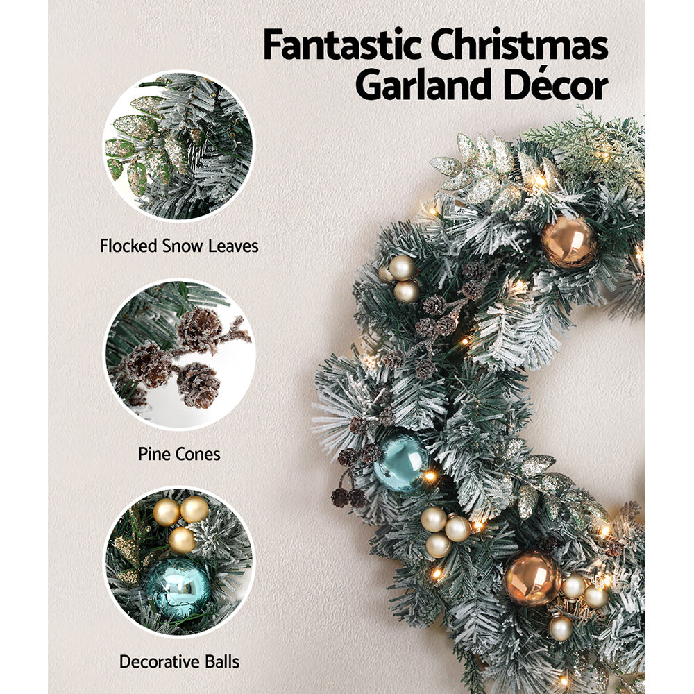 Jingle Jollys 60cm Christmas Wreath LED Snowy Garland Decor