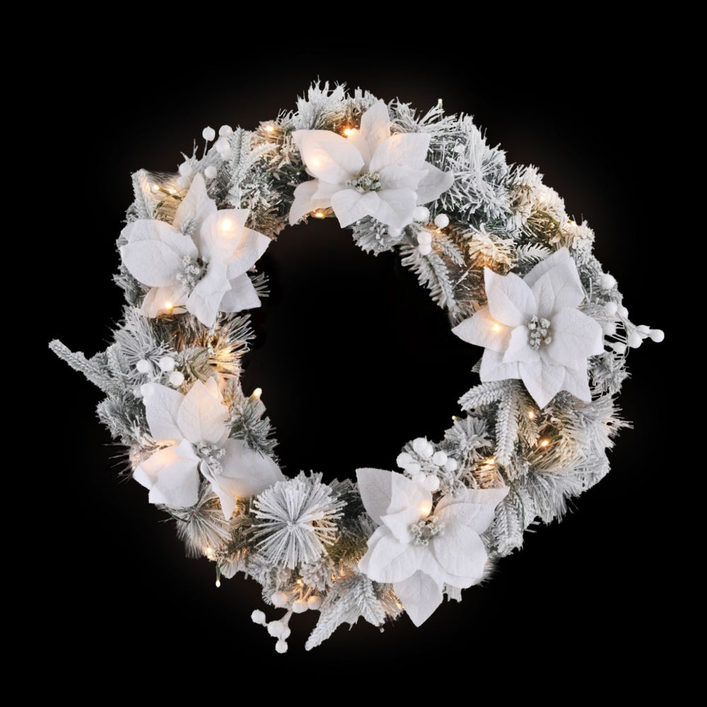 60cm Snow-flocked LED Christmas Wreath with Flowers