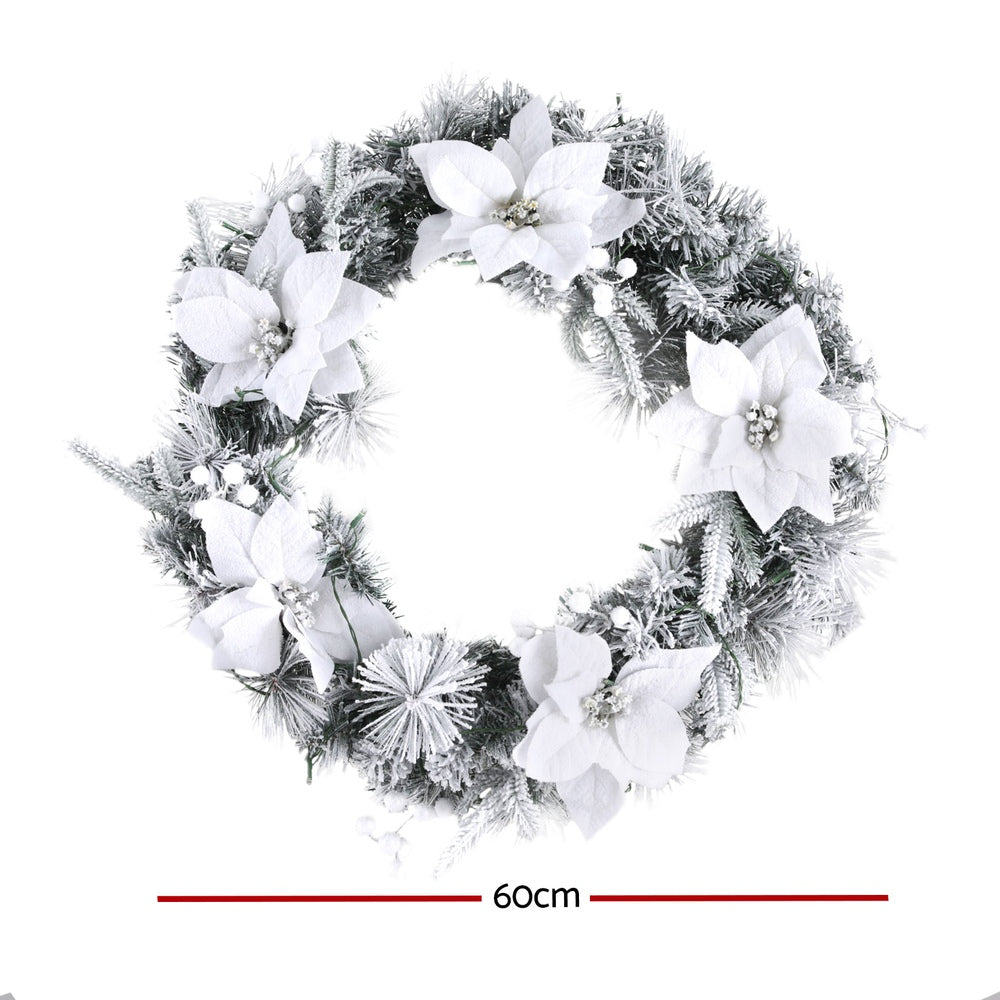 60cm Snow-flocked LED Christmas Wreath with Flowers