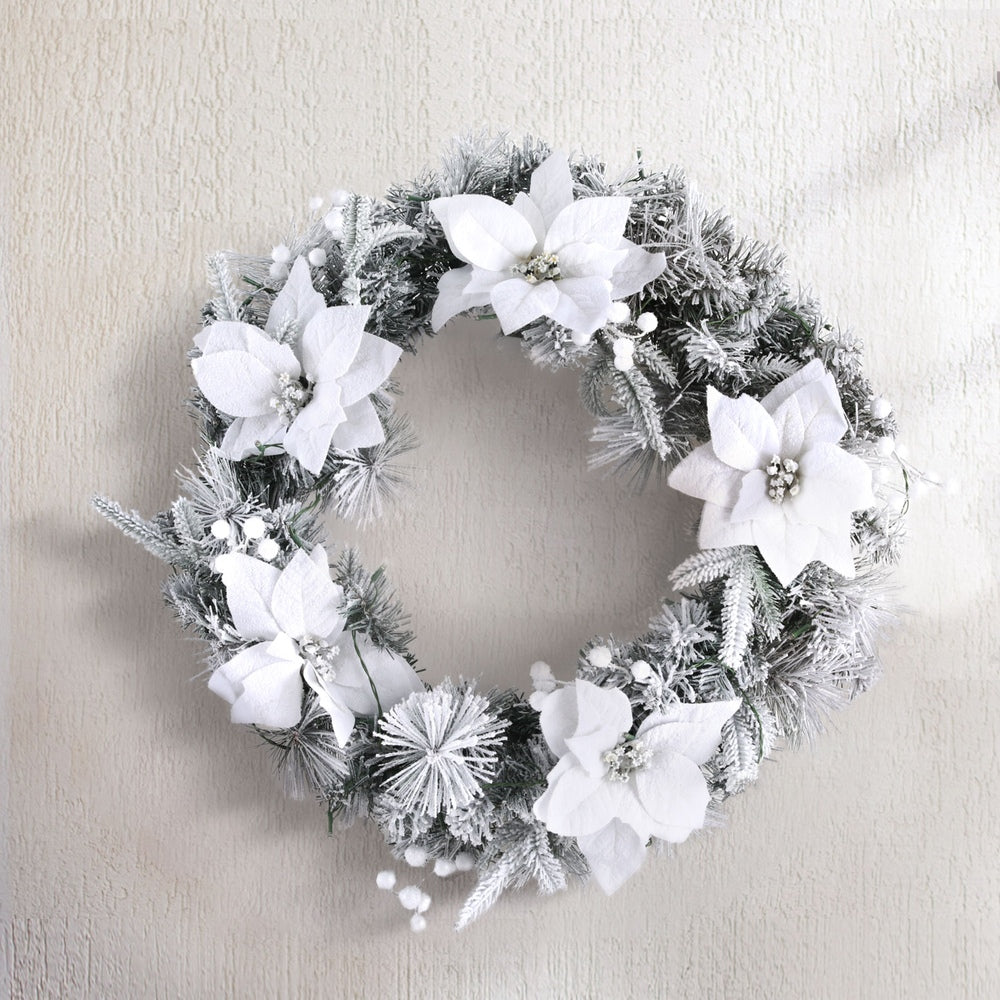 60cm Snow-flocked LED Christmas Wreath with Flowers