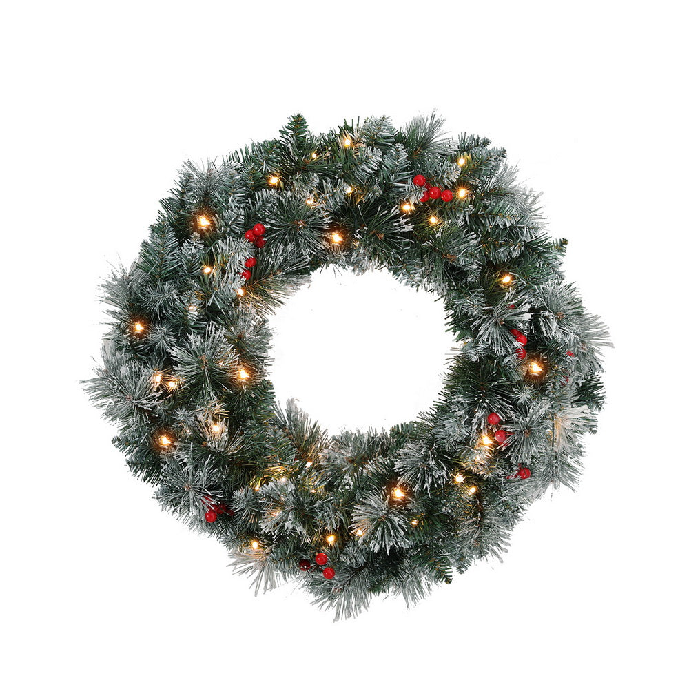 60cm Snowy LED Christmas Wreath with Berries & Pine Needles