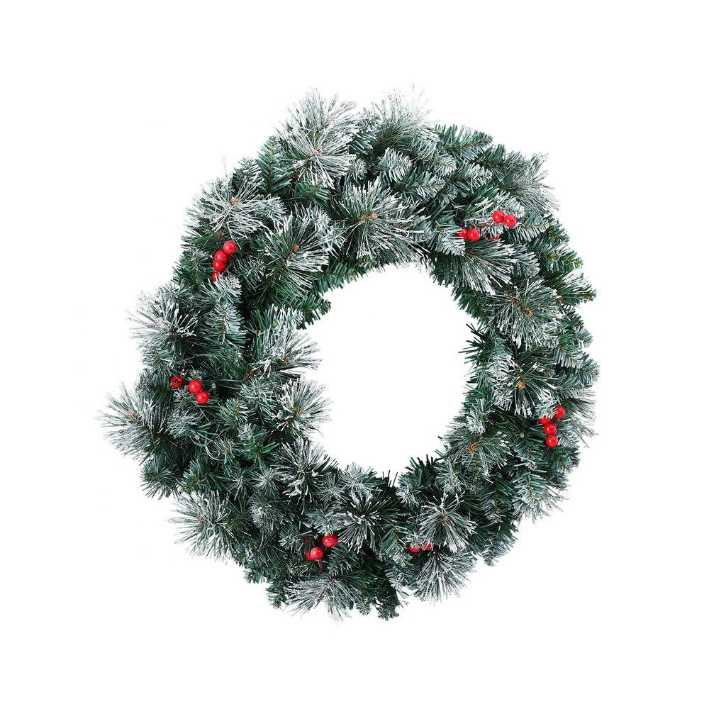 60cm Snowy LED Christmas Wreath with Berries & Pine Needles