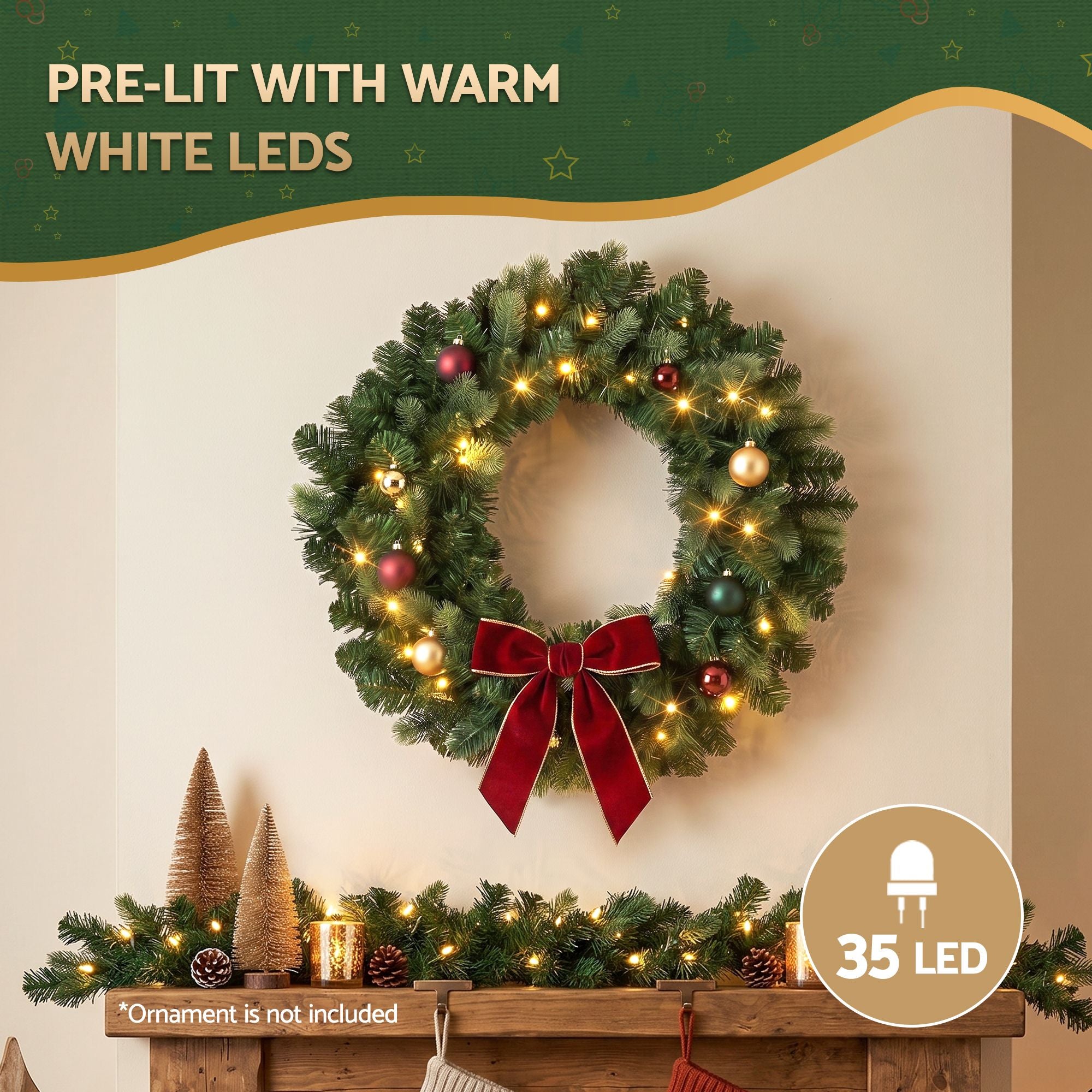 Jingle Jollys 60cm Pre-Lit Christmas Wreath GarlandsWarm White LED Light Door Wreaths Battery Timer