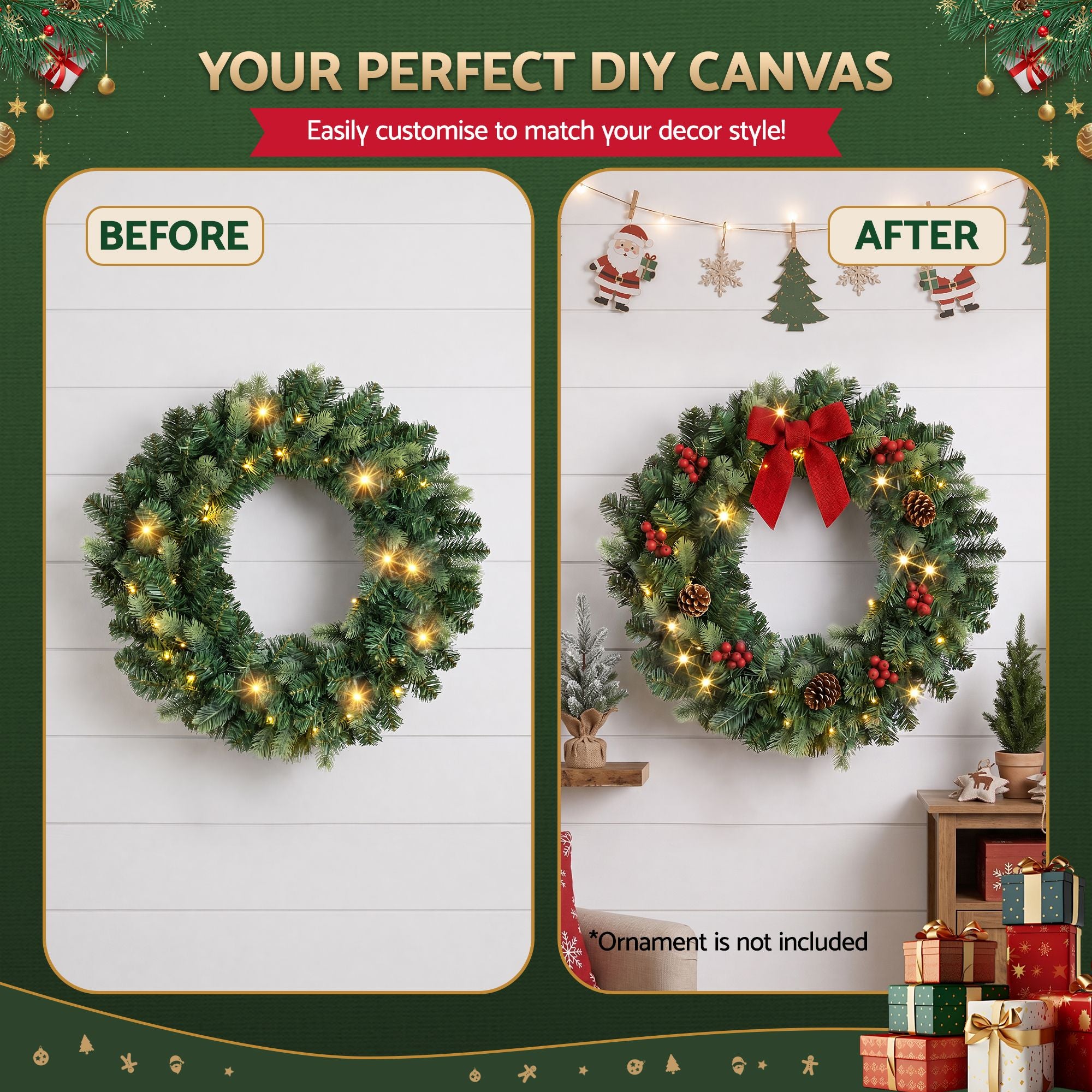 Jingle Jollys 60cm Pre-Lit Christmas Wreath GarlandsWarm White LED Light Door Wreaths Battery Timer
