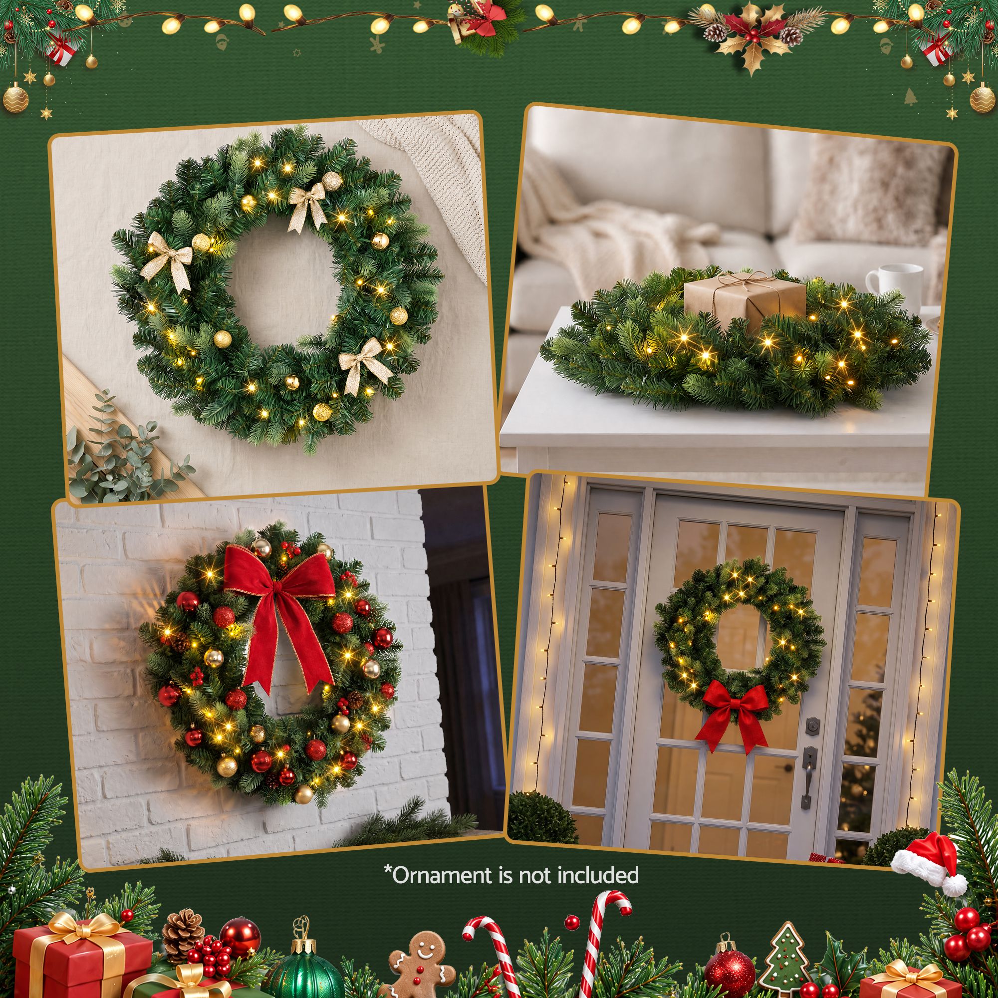 Jingle Jollys 60cm Pre-Lit Christmas Wreath GarlandsWarm White LED Light Door Wreaths Battery Timer