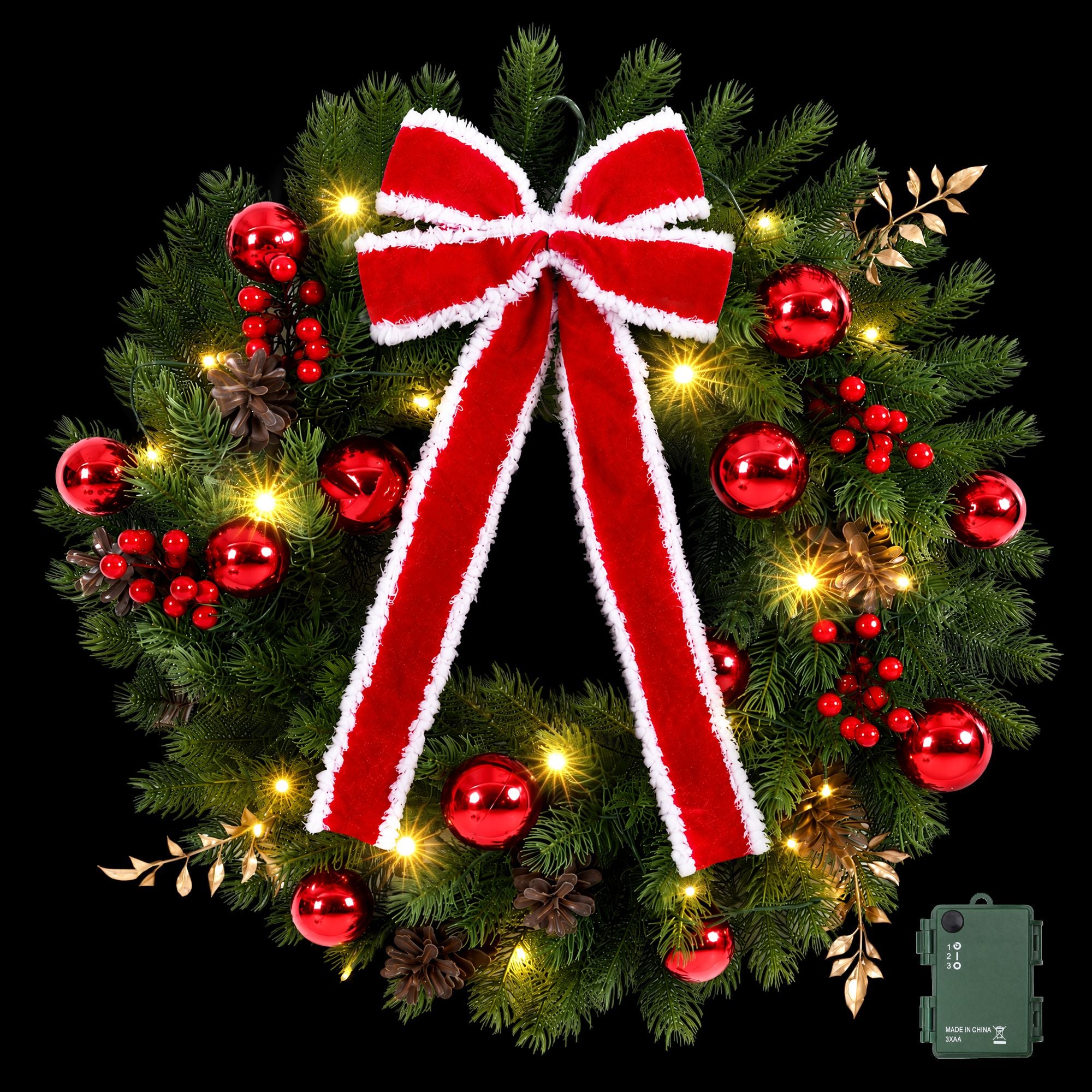 Jingle Jollys 60cm Pre-lit Christmas Wreath Garlands LED Light Front Door Decor Bow